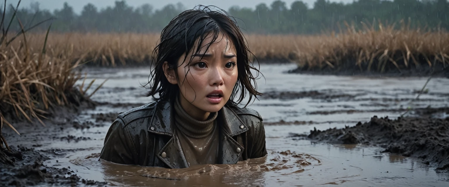 8k, ultra-detailed, documentary drama photo, grainy film photo, masterpiece,muted colors, muffled light, dusk, rainy, moody, noir, mud hole, hard breathing, gloomy orgasm expression:1.2, drowning, woman messy head, messy muddy brunette hair,asian:0.5,faded leather jacket, turtleneck