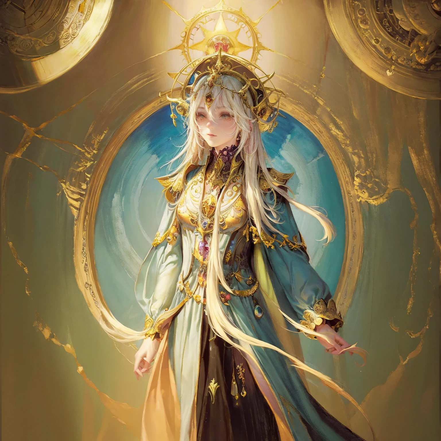 best quality, 4k, High resolution, masterpiece:1.2, Extremely detailed, Practical:1.37, Art of a Woman Wearing a Sun Crown, (((Occult art))), Very detailed goddess ancient art, Sacredness. Very detailed, Mysterious inspiration, Inspiration from the Sun God, (Faded pictures :1.2), Snob face, Full body portrait, (Gothic art style, Weird art style :1.3), faded colors