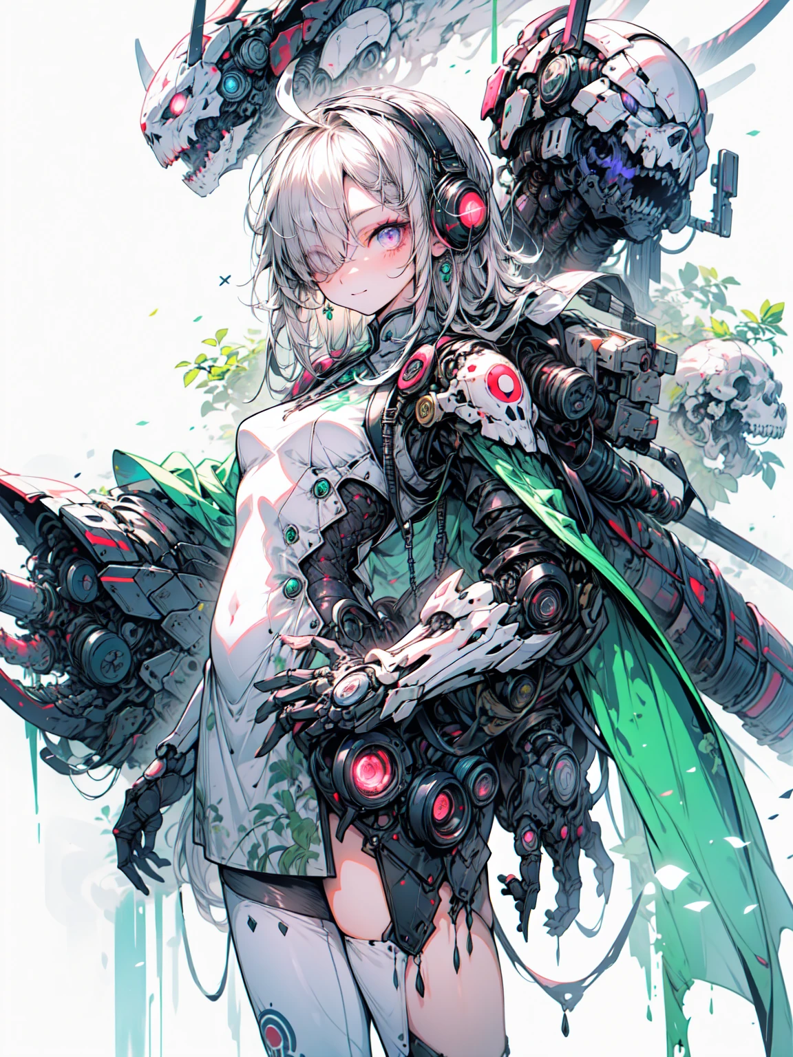 (Flat Color),colorful,(masterpiece:1,2), highest quality, masterpiece, High resolution, original, 非常にdetailedな壁紙, Show Viewer, (White Background), detailedな顔, (intricate Mecha bodystocking), masterpiece, highest quality, Jiangshi, green白い肌, Purple eyes, Expressionless, Mechanical tentacles, Mecha, cyber punk, wearing Mechanical armor suit, sf, green, earphone, (LED lights decoration),Slime,have,
[neon palette, Neon Light, wire, Transmission Tube, electricity, Energetic],
chinese garment, China dress,
[[skull, skeleton, 外skeleton]],
Cowboy Shot, Girl Focus,head band,good, break、非常にdetailed (Dark Elf), (1 girl), alone, Perfect Face, detailed, Ahoge, ((Long Hair:1.2)), (Hair above one eye:1.3), [[Messy Hair]], Shiny blonde white hair, Purple eyes, Variegated eyes, colorfulな髪, Shining Eyes, Bright Eyes, Face imprint, (eyelash, eye shadow, pink eye shadow), smile, design art by Mikimoto Haruhiko, by Kawashi, by Yoshitaka Amano,Blake ((Perfect Anatomy)), Nice body, Big Breasts、(非常にdetailed指), Best Hand, Perfect Face,(Perfect Fingers), Correct Anatomy,