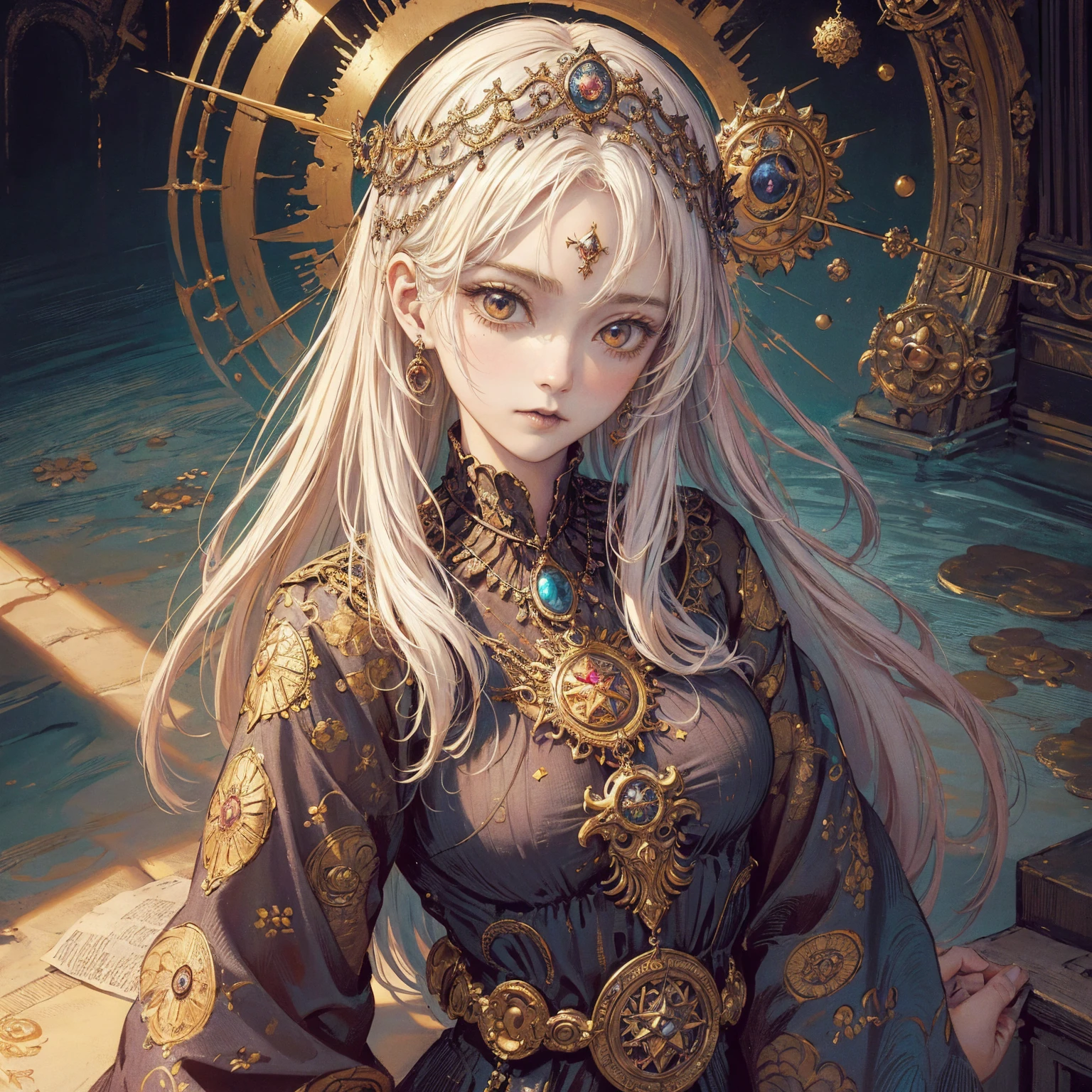 best quality, 4k, High resolution, masterpiece:1.2, Extremely detailed, Practical:1.37, Art of a Woman Wearing a Sun Crown, (((Occult art))), Very detailed goddess ancient art, Sacredness. Very detailed, Mysterious inspiration, Inspiration from the Sun God, (Faded pictures :1.2), Snob face, Full body portrait, (Gothic art style, Weird art style :1.3), faded colors