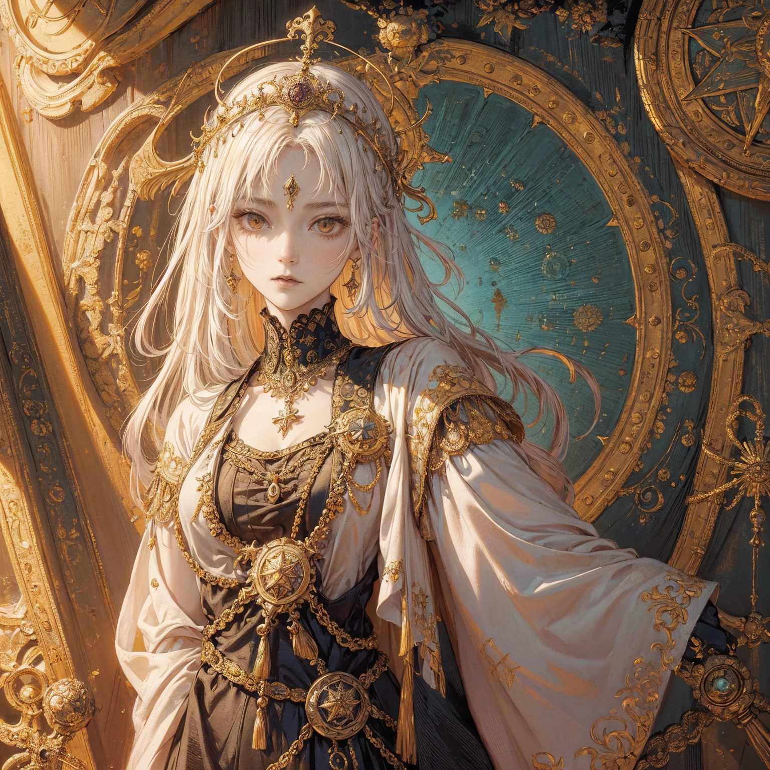 best quality, 4k, High resolution, masterpiece:1.2, Extremely detailed, Practical:1.37, Art of a Woman Wearing a Sun Crown, (((Occult art))), Very detailed goddess ancient art, Sacredness. Very detailed, Mysterious inspiration, Inspiration from the Sun God, (Faded pictures :1.2), Snob face, Full body portrait, (Gothic art style, Weird art style :1.3), faded colors