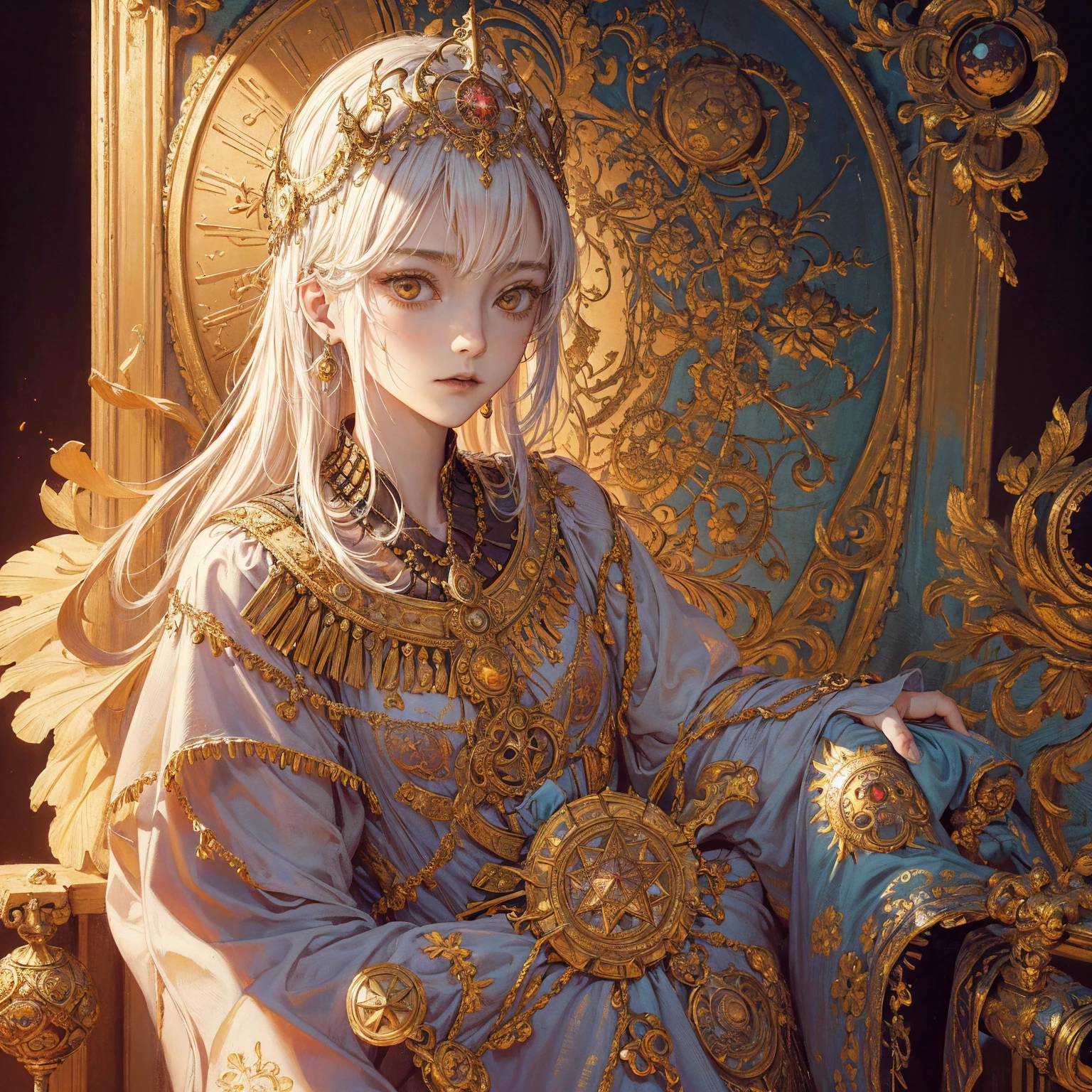 best quality, 4k, High resolution, masterpiece:1.2, Extremely detailed, Practical:1.37, Art of a Woman Wearing a Sun Crown, (((Occult art))), Very detailed goddess ancient art, Sacredness. Very detailed, Mysterious inspiration, Inspiration from the Sun God, (Faded pictures :1.2), Snob face, Full body portrait, (Gothic art style, Weird art style :1.3), faded colors