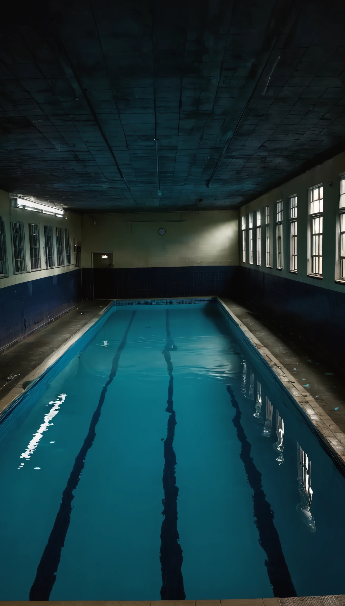 School swimming pool, scared, Horror, dark themed, dark, night, Low light, dark blue colors,