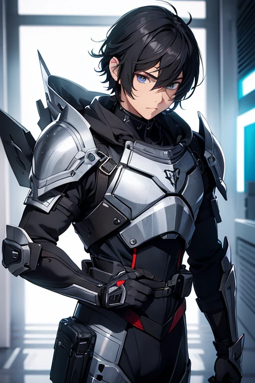 artistic,anime,portraits,vivid colors,boy,teenager,templars,metallic body armor,metallic helmet,metallic face shield covering eyes,beautiful detailed eyes,modern standing pose,eye shield,holding assault rifle,short hair,graceful costume,sharp focus