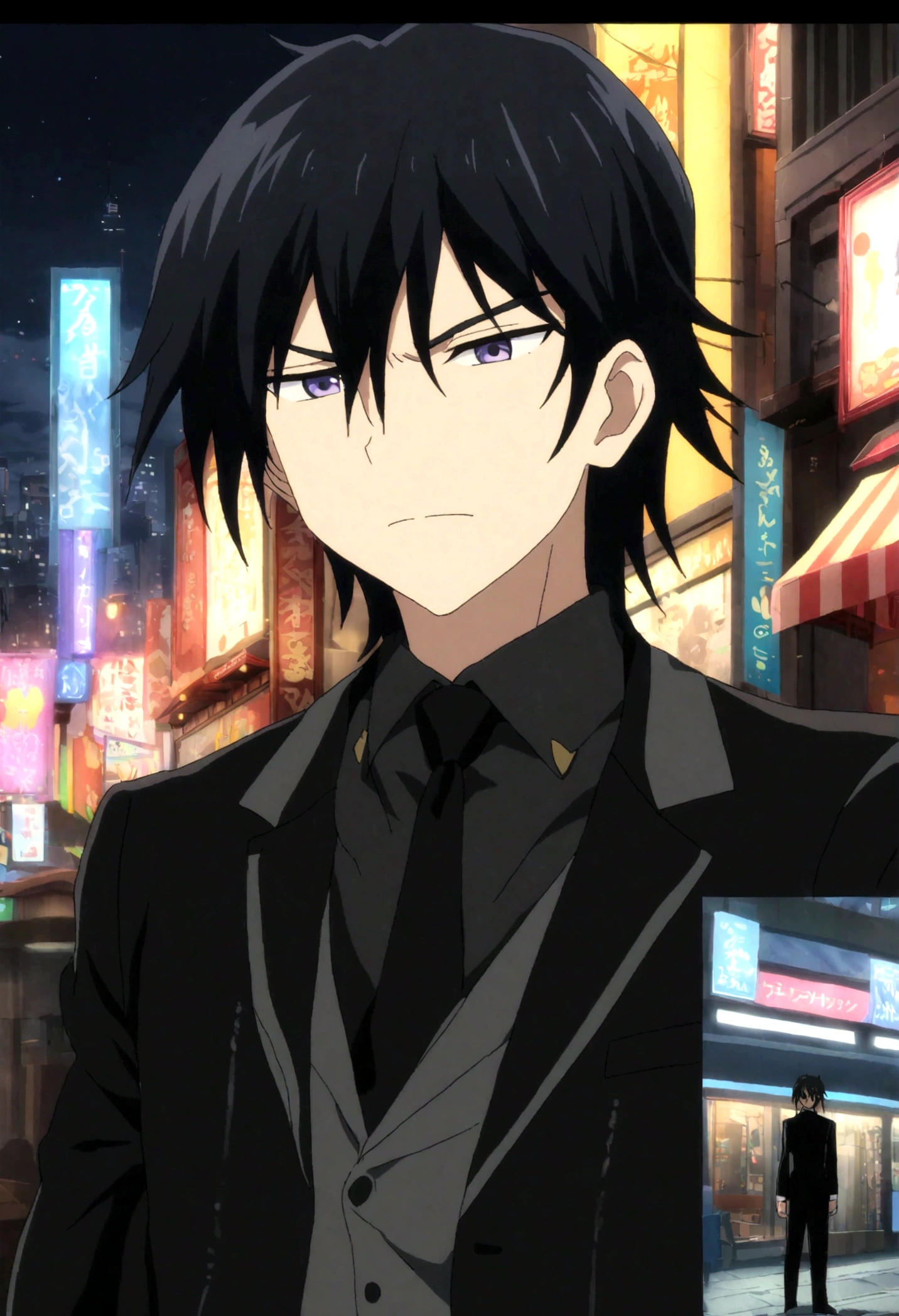 Cartoon, bad boy, black suit, blue-black hair, anime, night on the town