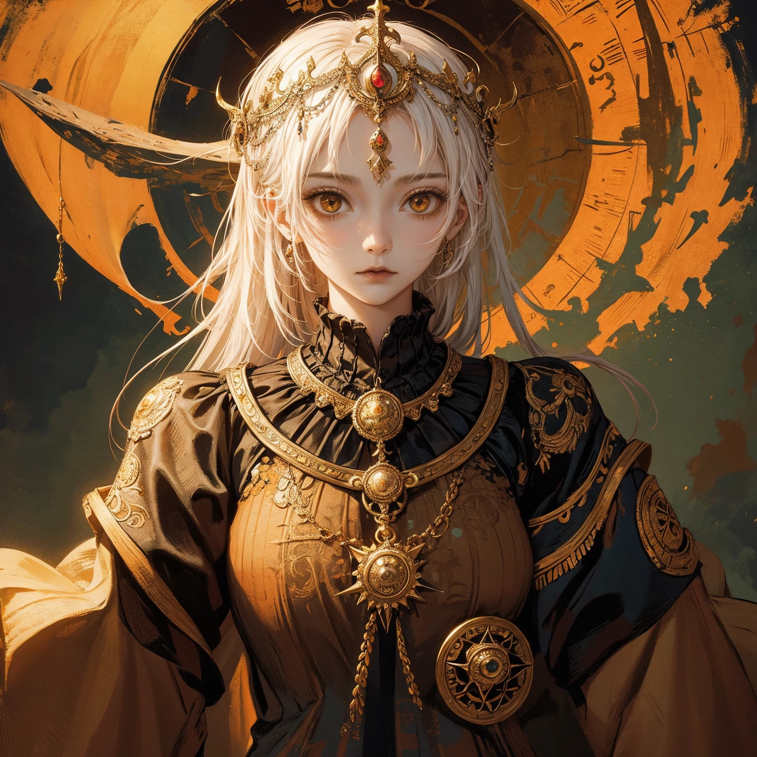 Art of a Woman Wearing a Sun Crown, (((Occult art))), Very detailed goddess ancient art, Sacredness. Very detailed, Mysterious inspiration, Inspiration from the Sun God, (Faded pictures :1.2), Snob face, Full body portrait, (Gothic art style, Weird art style :1.3), faded colors