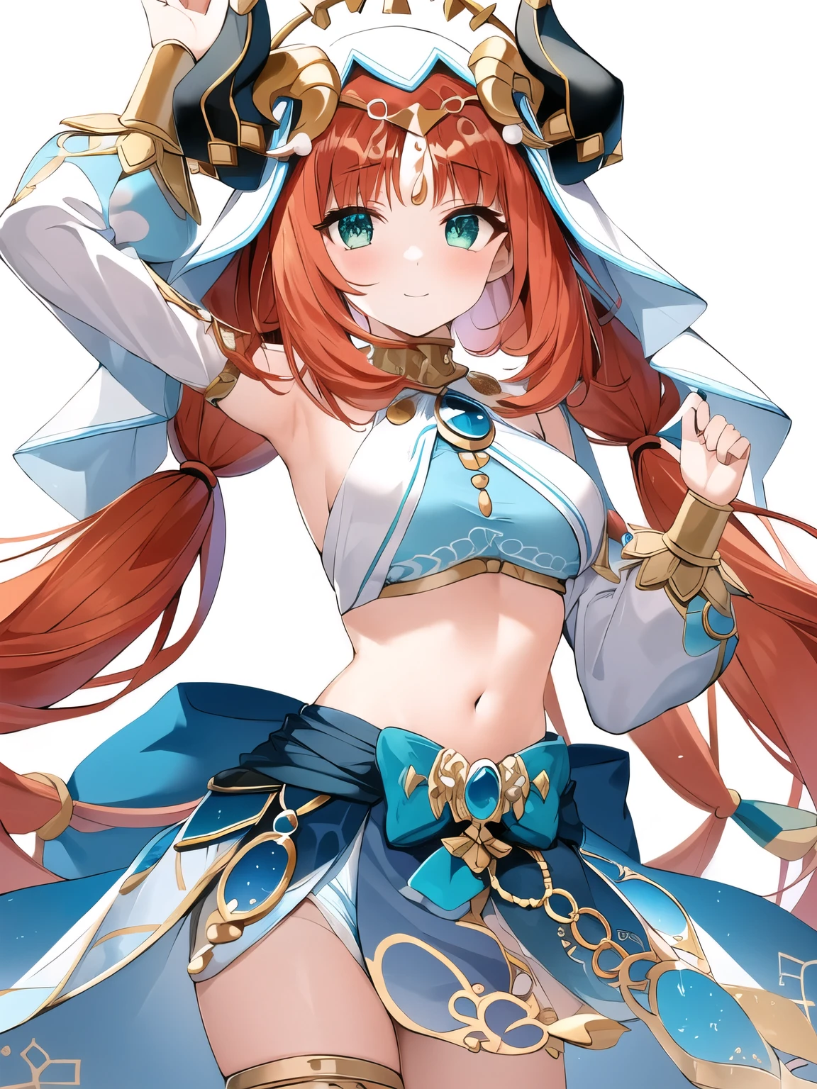 (((best quality)), ((masterpiece)), (details), masterpiece, best quality, high quality, ulutra detailed, perfect face,Shiny Hair、Glowing Skin、blush、nilou、whole body、Dancer、lake、Splash、dance、smile、nilou,1girl,独奏,horns,Veil,navel,