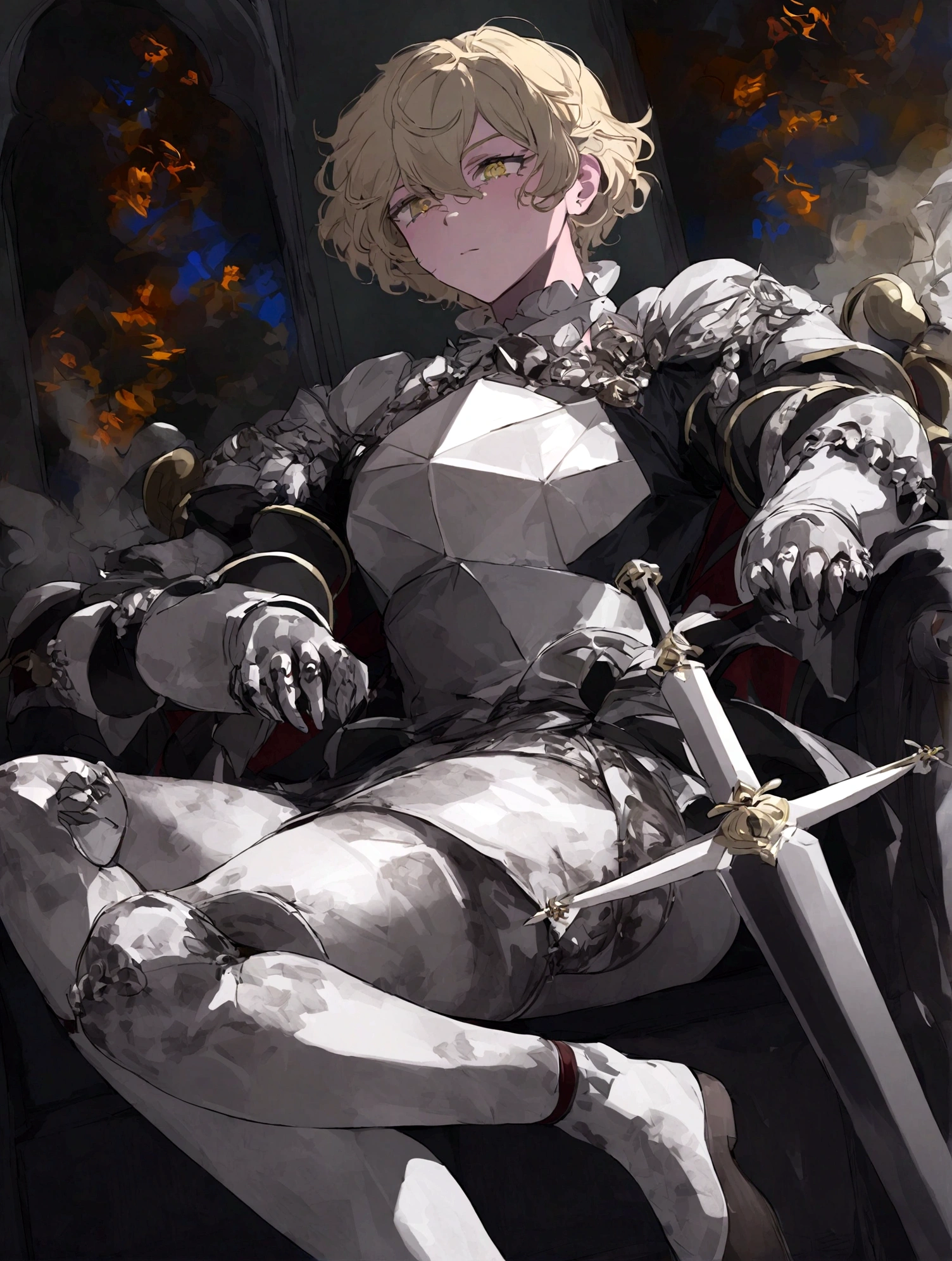 ((A young adult blond male dragoon wearing erotic armored leotard and armor plates rubbing and humping his crotch against pole that is positioned in between his legs)), he is breathing heavily and his body is twitching as he rubs the weapon in between his legs, ((NSFW)), hentai, porn, erotic, (((he is using weapon to masturbate and dry humping))), ((inspired by king of kinks hentai game)), ((eroge hentai)), (((sliding up and down with crotch against pole))), ((i want to orgasm)), ((swordplay)), (((his huge bulge is rubbing against pole ))), ((AH AH AH)), ((RUBBING HIS LOWER BODY AGGRESIVELY IN MOTION against pole)), ((((grind your pussy against pole, let your pussy embrace pole)))), (((grinding))), ((shot close-up focus on his pussy grinding the pole)), 