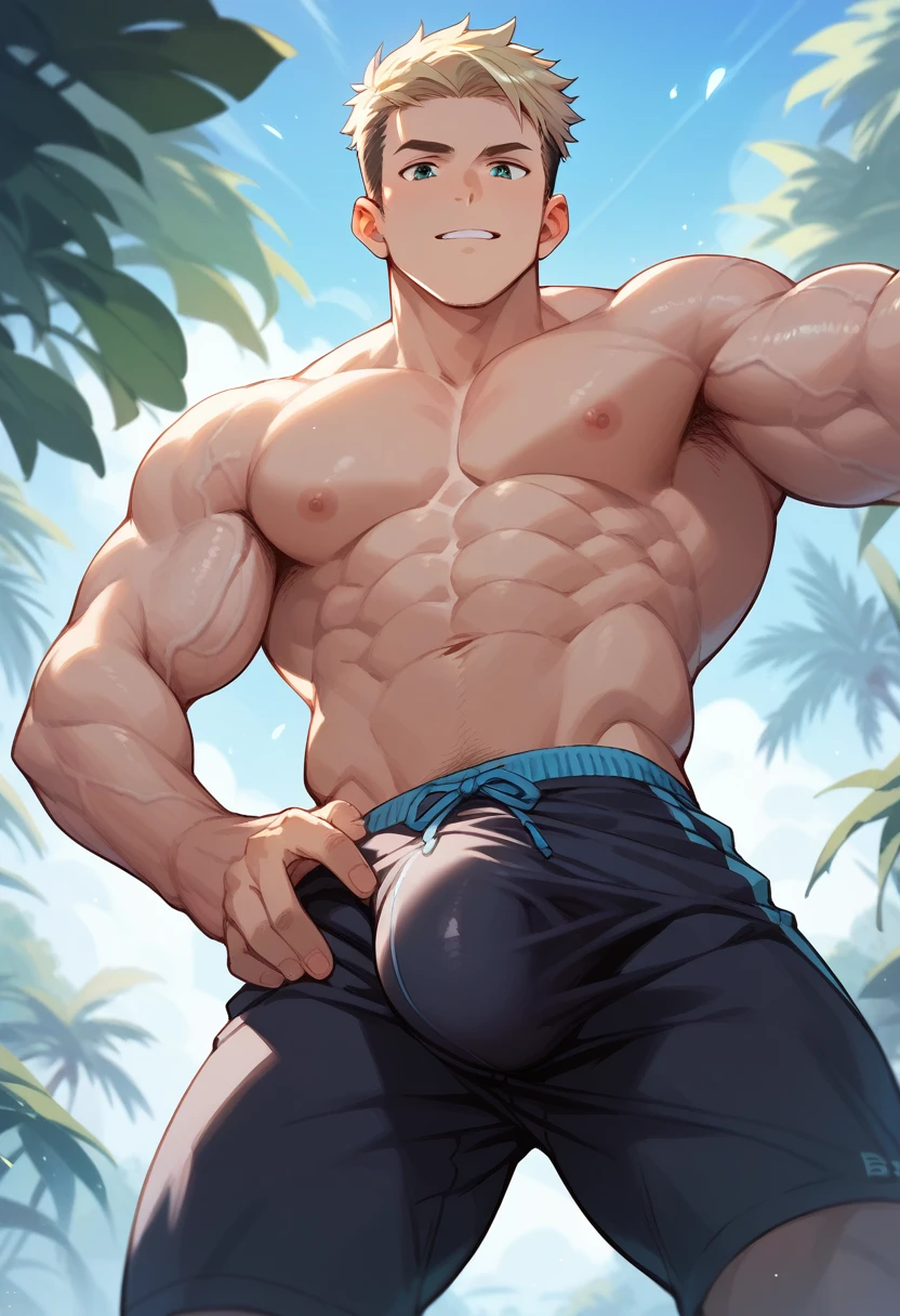 (score_9,score_8_up,score_7_up,score_6_up,score_5_up,score_4_up), best quality, best lighting, high-definition background, 1 boy  yo, muscled, topless, ((veiny arms)), ,(underware with huge  penis shape bulge), from below,