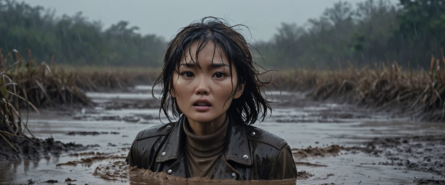 8k, ultra-detailed, documentary drama photo, grainy film photo, masterpiece,muted colors, muffled light, dusk, rainy, moody, noir, mud hole, adrenaline rush, gloomy orgasm:1.2, drowning, woman messy head, messy muddy brunette hair,asian:0.5,faded leather jacket, turtleneck