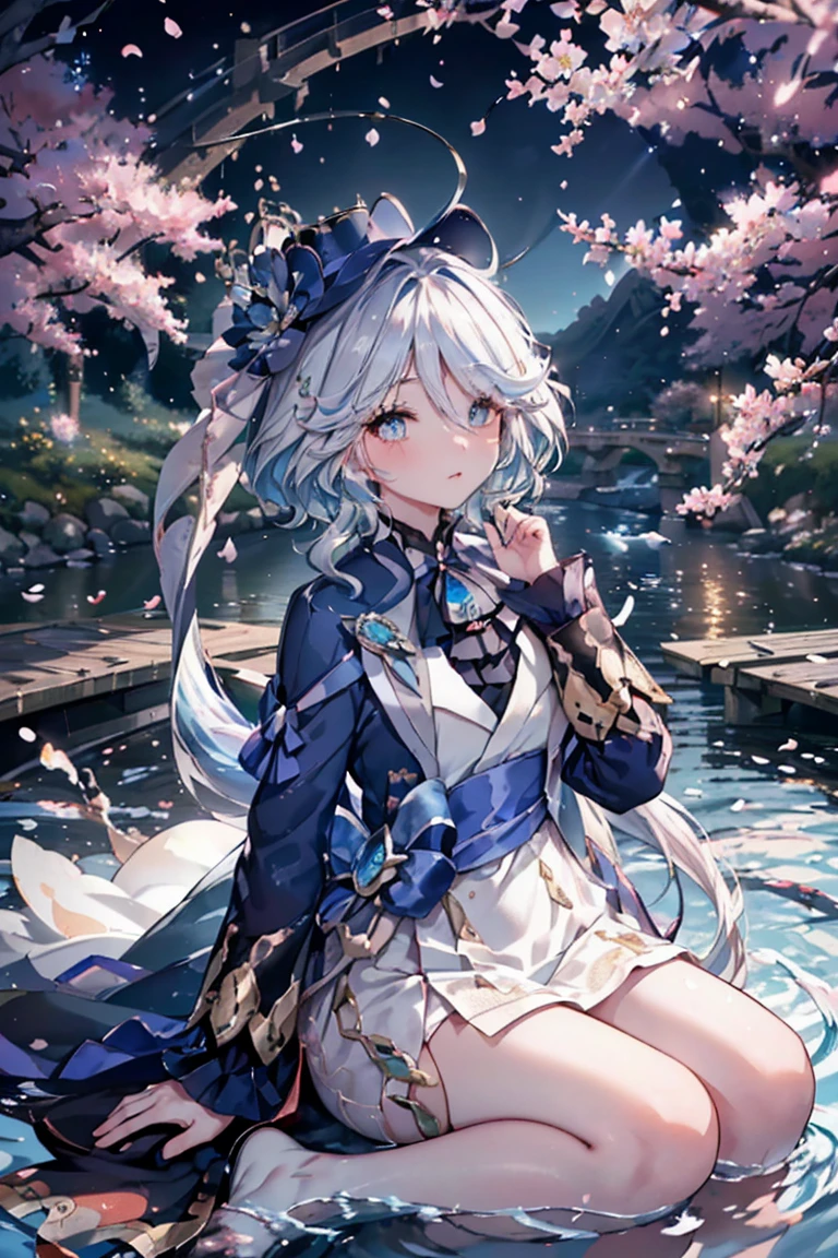 masterpiece, best quality, Super detailed, shiny, Glowing lights, Ray tracing, HDR, Depth of Field, (Perfect face, Delicate face, Delicateeyes,Perfect hands),8K,HD,Surreal faces,Ray tracing,Perfect lighting,((The quality of wearing a white wedding dress, Super detailed, Shining eyes, (looking at the audience,Open it嘴微笑:1.1), ((1 girl)), thigh,Throw, Forina,long hair,hair covering one eye,((Gradient hair)),Colored eyes, gradient eyes, (Glowing eyes:1.5), mascara, (Fashion Makeup), Open it,blush,Hat Flower, ((Central Japan countryside,日本bridge,bridge,river,Cherry tree,Cherry blossom petals,Deep blue sky,Koi on river)),(Complex background, There are many elements in the background:1.2),((Super detailed的背景)), posture, ((8K wallpaper)),