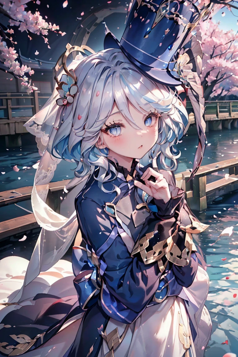 masterpiece, best quality, Super detailed, shiny, Glowing lights, Ray tracing, HDR, Depth of Field, (Perfect face, Delicate face, Delicateeyes,Perfect hands),8K,HD,Surreal faces,Ray tracing,Perfect lighting,((The quality of wearing a white wedding dress, Super detailed, Shining eyes, (looking at the audience,Open it嘴微笑:1.1), ((1 girl)), thigh,Throw, Forina,long hair,hair covering one eye,((Gradient hair)),Colored eyes, gradient eyes, (Glowing eyes:1.5), mascara, (Fashion Makeup), Open it,blush,Hat Flower, ((Central Japan countryside,日本bridge,bridge,river,Cherry tree,Cherry blossom petals,Deep blue sky,Koi on river)),(Complex background, There are many elements in the background:1.2),((Super detailed的背景)), posture, ((8K wallpaper)),