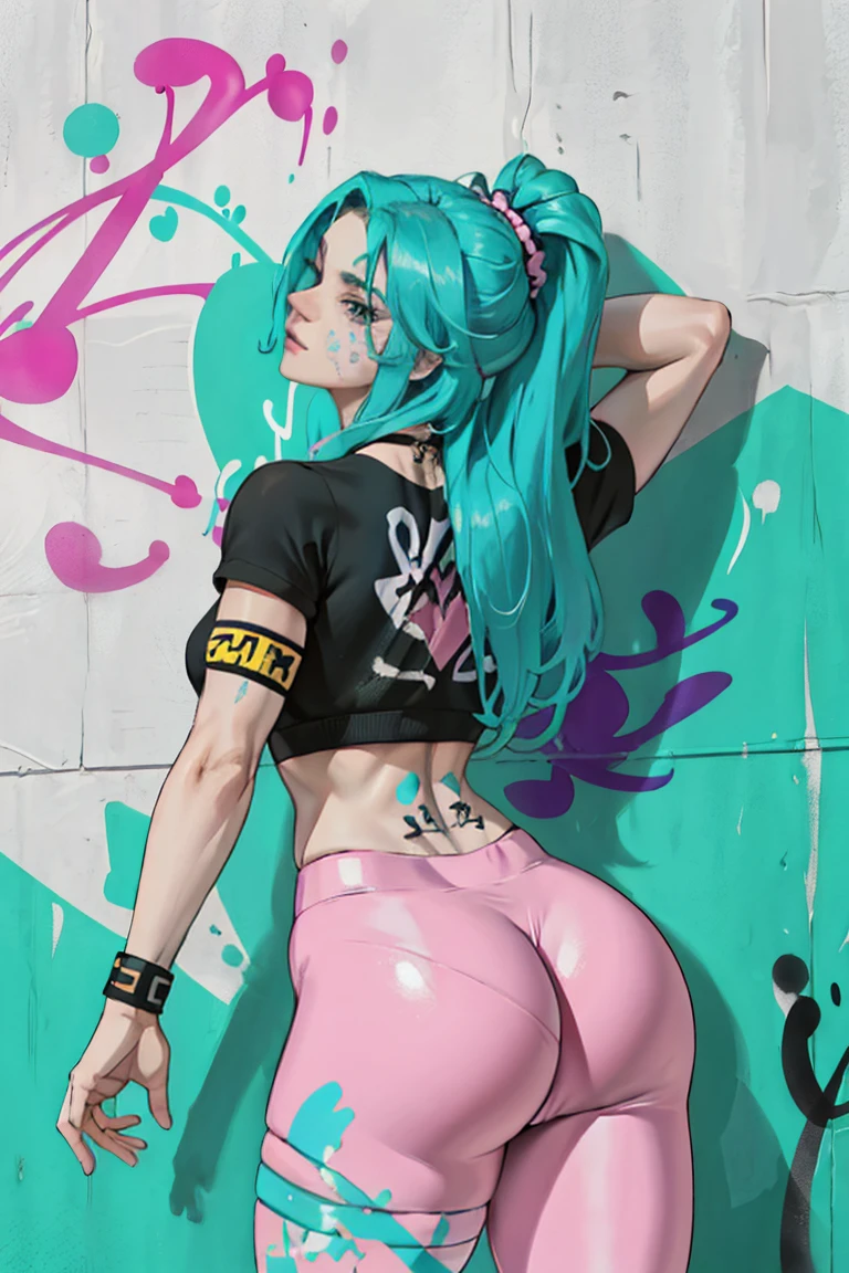  masterpiece, best quality, 25 years old beautiful woman, long hair, (mature face:1.4), 1woman, solo, crop top, gym leggings, choker, (from behind:1.4), plumb ass, thick thighs, thin waist, wide hips, (graffiti:1.5), paint splatter, arms behind back, against wall, looking at viewer, armband, thigh strap, paint on body, head tilt, bored, multicolored hair (pink, blue), aqua eyes