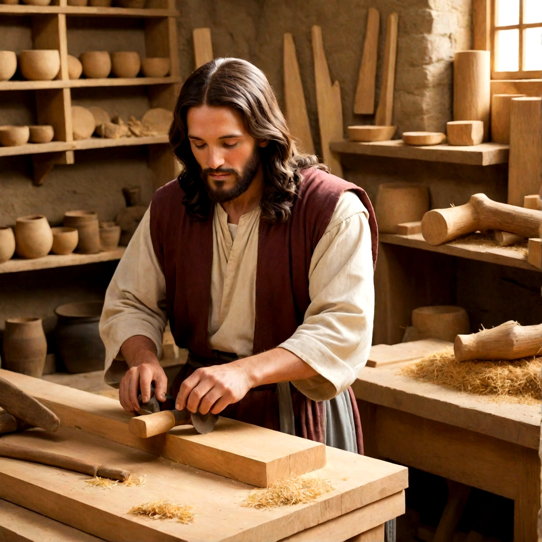 In the bustling town of Nazareth, Jesus could often be found in his workshop, surrounded by the comforting scent of wood shavings and the rhythmic sounds of hammering and sawing. As a carpenter, he was skilled in the craft of shaping and fashioning wood into useful and beautiful objects.

In his workshop, Jesus would have been focused and diligent, applying his expertise to each piece of wood with care and precision. Whether crafting furniture, tools, or other household items, he approached his work with a sense of craftsmanship and attention to detail.

As he worked, Jesus would have embodied qualities such as patience, perseverance, and creativity. He understood the importance of taking the time to carefully measure and cut each piece of wood, ensuring that it fit together perfectly to create a finished product that was both sturdy and well-crafted.

Beyond the physical act of carpentry, Jesus' work in the workshop would have provided him with opportunities for reflection and contemplation. As he fashioned wood into various forms, he may have pondered the deeper mysteries of life and faith, drawing inspiration from the natural world around him and the teachings of the prophets.

Through his work as a carpenter, Jesus exemplified the dignity and value of manual labor, affirming the importance of honest work and the inherent worth of every individual. His humble occupation served as a powerful reminder that God's presence can be found in the ordinary and mundane aspects of daily life, and that even the simplest tasks can be infused with meaning and purpose.