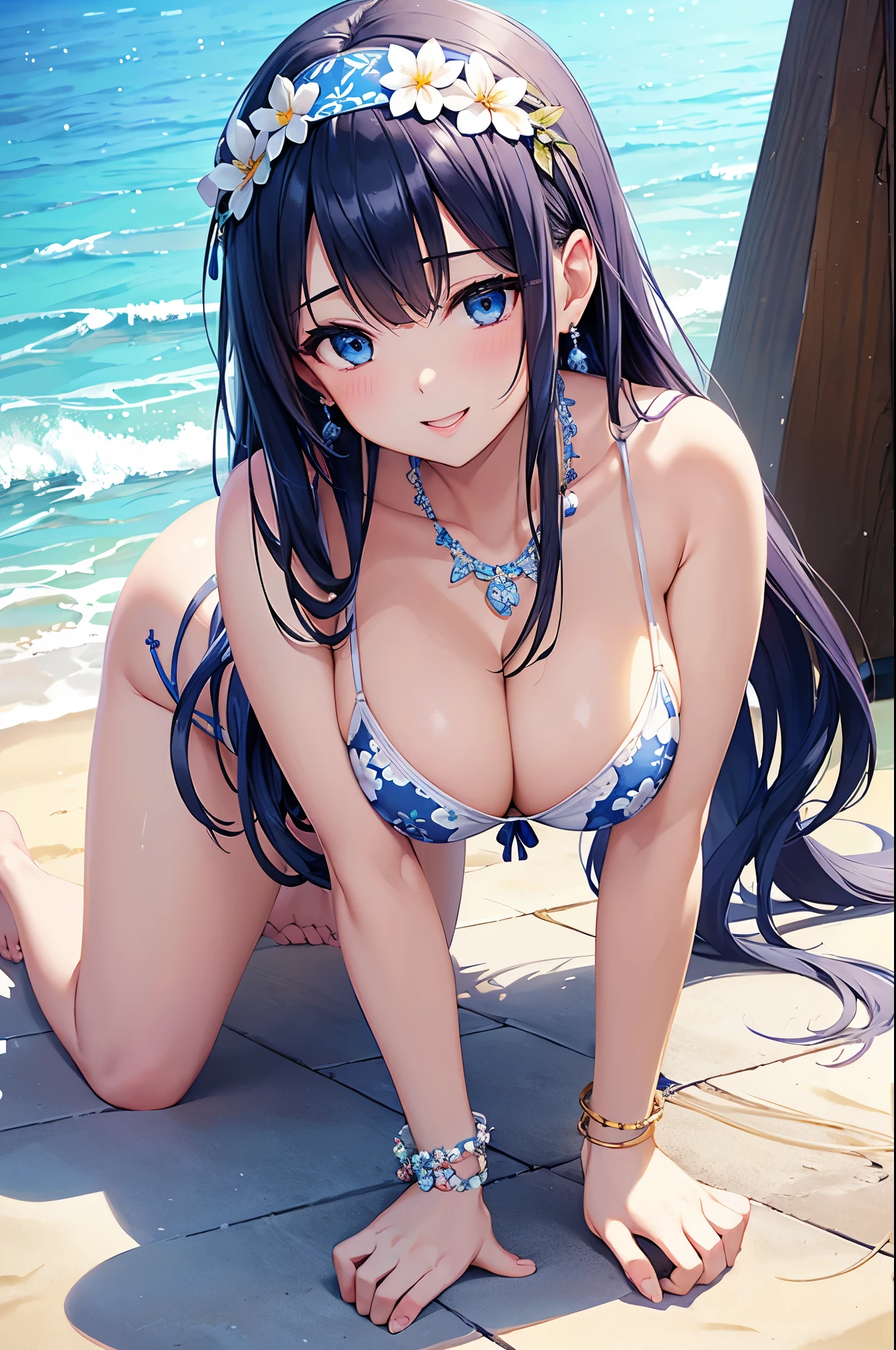 highest quality、highest quality、masterpiece、beautiful girl、Navy blue long hair、blue eyes、Sexy white bikini(Floral pattern printed)、Big cleavage、(Big Breasts),smile、blue necklace、Blue Earrings、background(Beach)、Please open your mouth wide、White headband、bracelet、On all fours