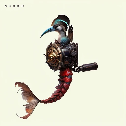 there is a bird that is sitting on a fish tail, siren, sirens, siren song, singer, album art, promo art, horn, fan art, official artwork, nautical siren, mechanical bird, silent, alternate album cover, album cover, a surrealistic bird, single horn, new album cover, arca album cover, scorn, sharn, surrealistic bird