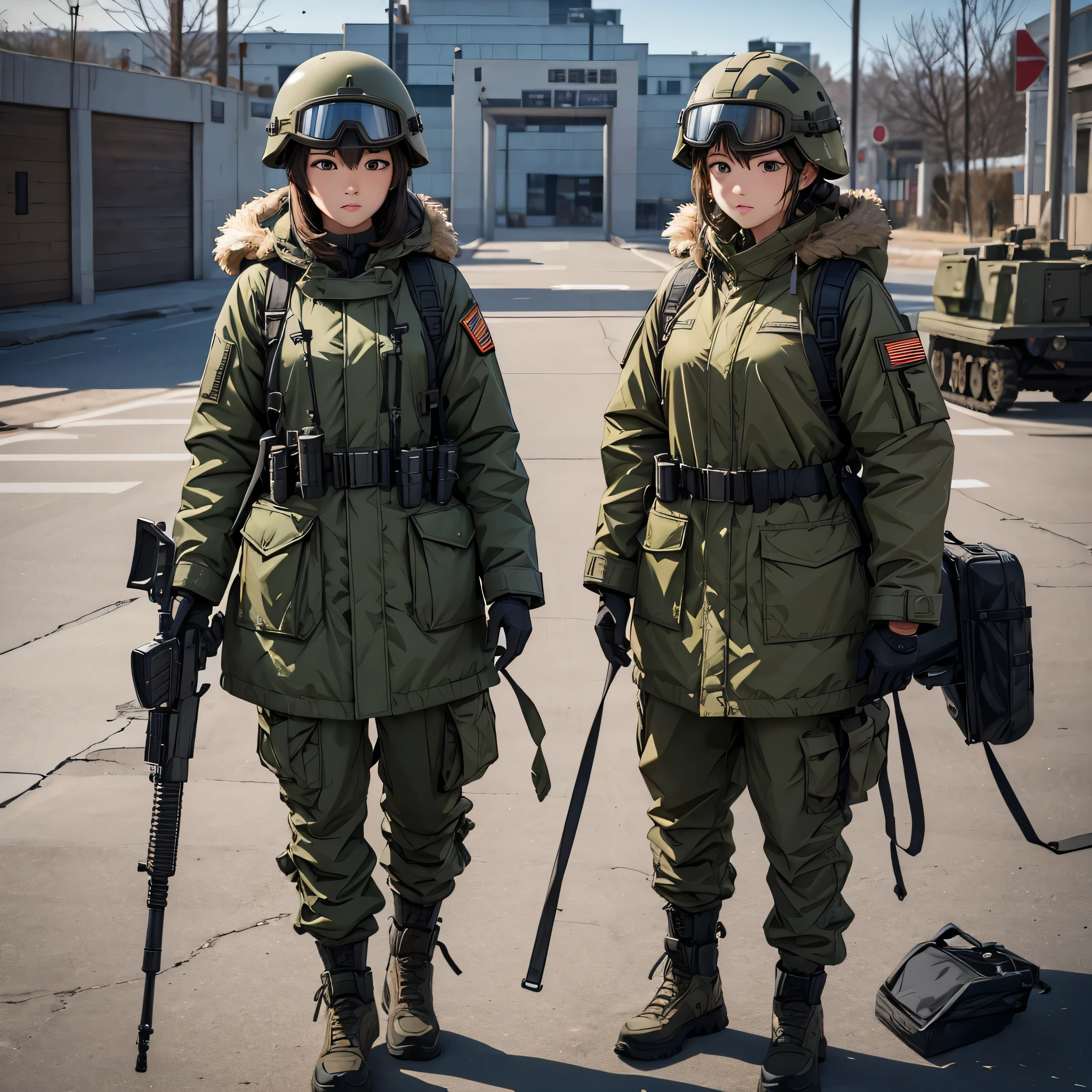 Two female soldiers standing side by side、M-51 Parka Coat、Put on a helmet、Wear goggles、Military Pants、Personal Equipment Set、whole body、Write details、masterpiece、best quality、Highly detailed CG、8K picture quality