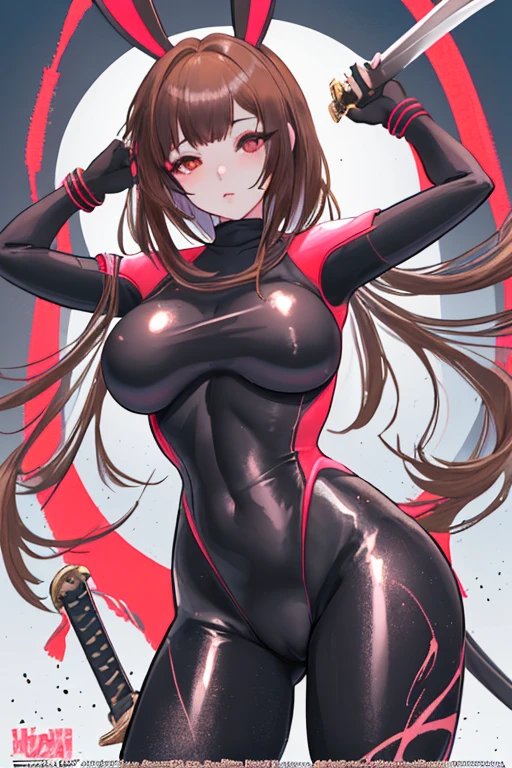 Joven, 34-year-old woman, moderate length brown hair with long messy bangs, ojos rojos y un busto gigantesco, long bunny-themed ribbon in hair anime girl in wetsuit with a sword and a sword, chica anime seductora, anime rudo 8k, oppai ciberpunk, mejor fondo de pantalla de anime 4k konachan, grueso, oppai, [ 4k digital art ]!!, pechos sfw, hermosa y seductora mujer anime, Iliá Kuvshinov. 4k, 4k manga wallpaper desnuda