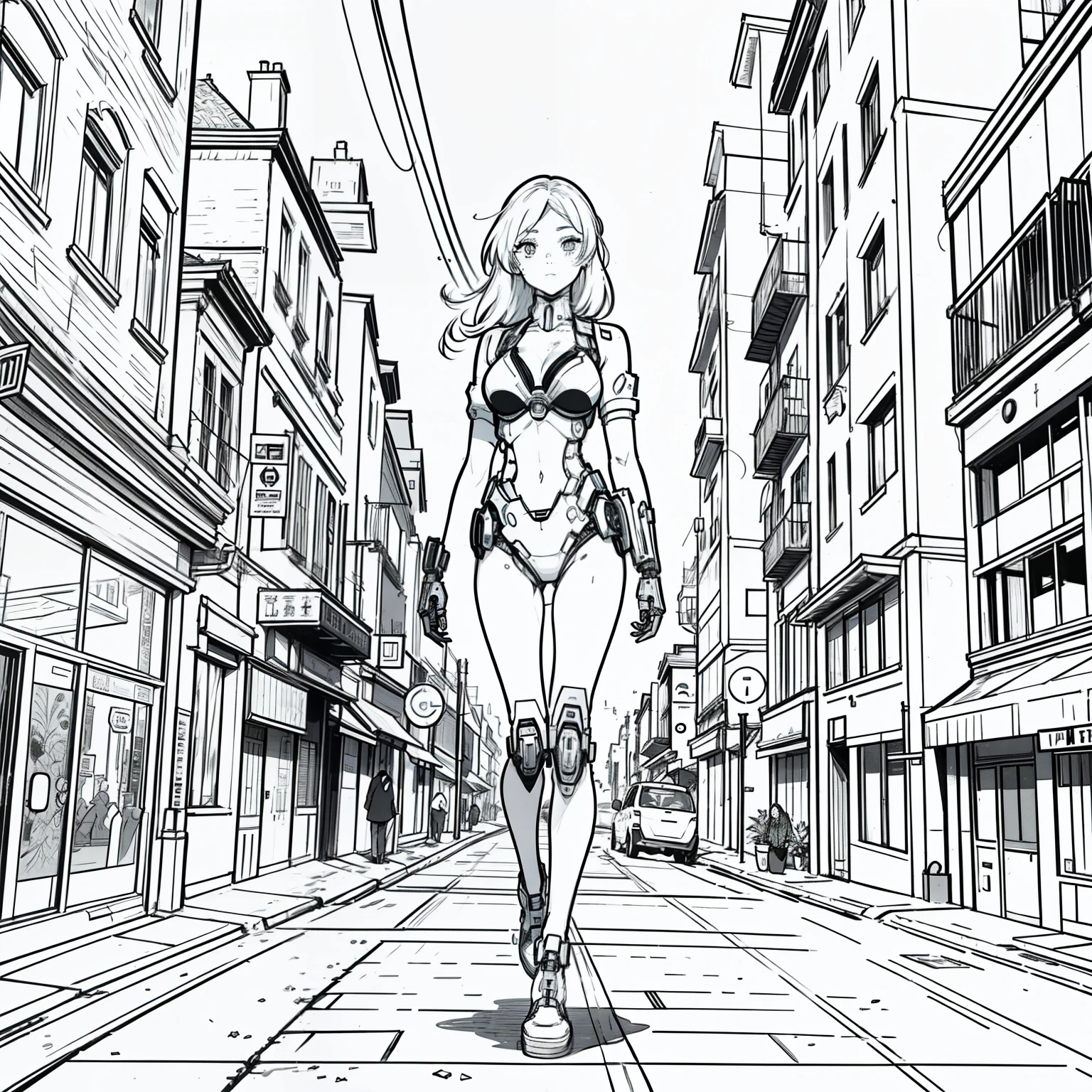 obra maestra, mejor calidad, A Cyborg girl in a city, full body, primer plano Arte lineal, Monocromo, line art