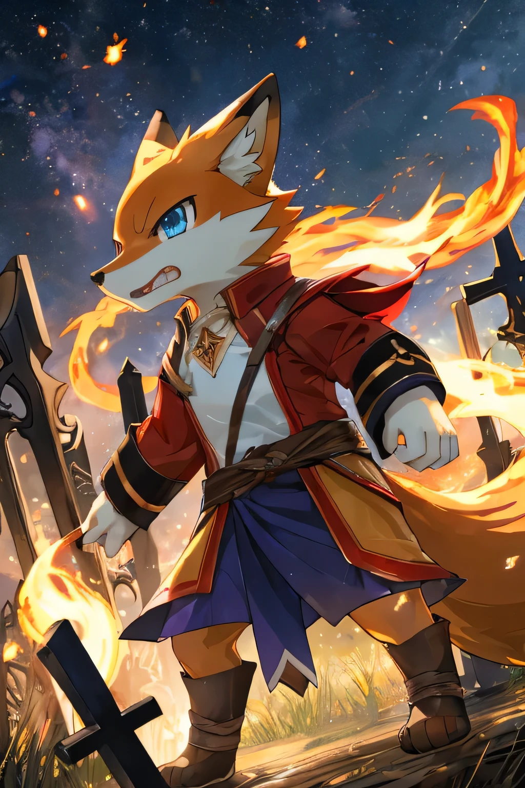Dark sky、Cemetery、(Flame)、(Anthropomorphic Fox)、(Delicate hands)、(particle)、masterpiece、(Role:Nine-Tailed Fox)、magic、Fierce Battle、high quality、Light blue eyes、(anger:1)