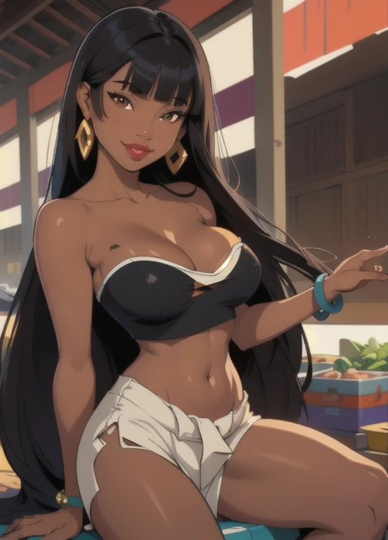 masterpiece, best quality, 1girl, solo, chel, black hair, long hair, blunt bangs, brown eyes, dark skin, lipstick, tube top, cleavage, bare shoulders, earrings, seductive smile, looking at viewer, market background
