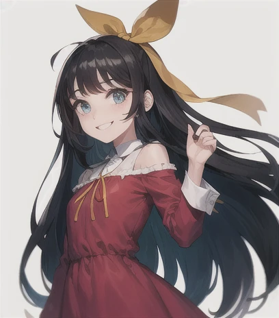 melhor qualidade, (Obra de 1 garota) with long black hair with bangs with blue eyes wearing a red dress with a ribbon on her head with a smile on her face (ela tem )