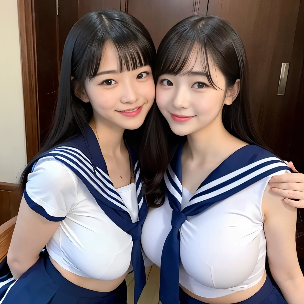 2 girls in old-Japanese classroom near window,navy-blue long-sleeved sailor shirt,white bikini thong,red bow tie,18-year-old,bangs,a little smile,thighs,knees,straight hair with barrette,from below,front-lighting