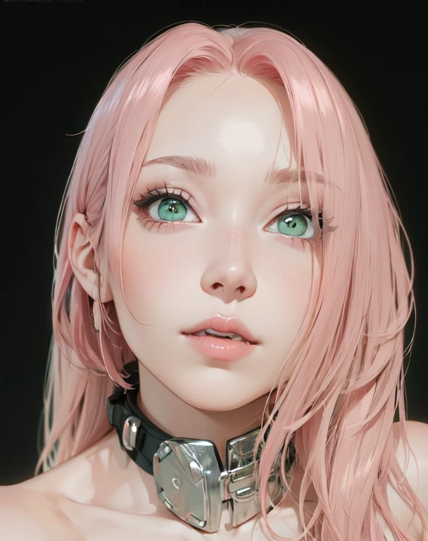 young woman, short shoulder-length pink hair, wide forehead, porcelain skin, pink eyebrows, big emerald green eyes, buttoned nose, full lips, heart-shaped face, slender body, small breasts, red tank top, Sakura Haruno , realistic, realism, details, 3d, well detailed
