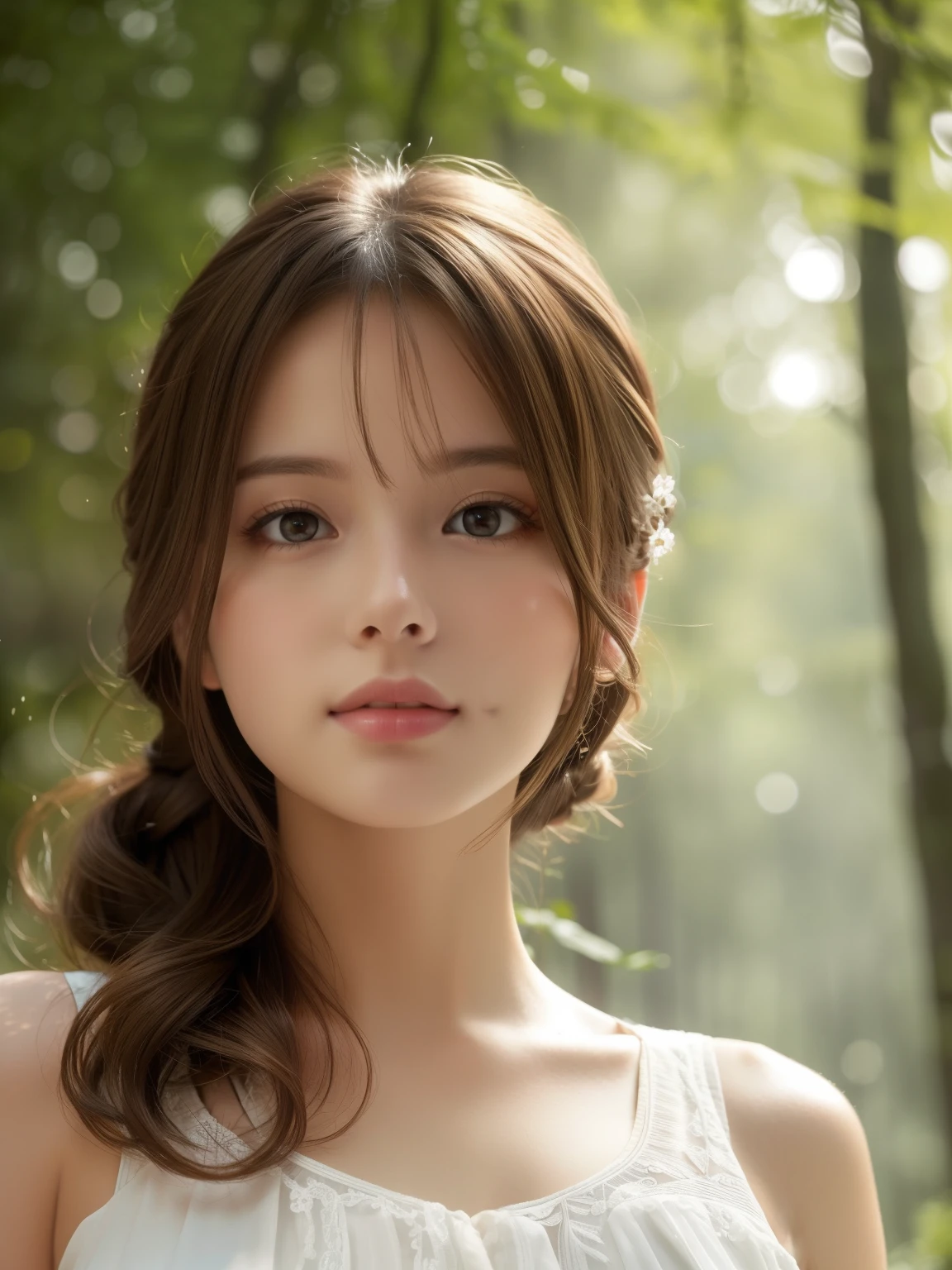 masterpiece, highest quality, High resolution, wallpaper, realistic, (bright lighting:1.4), professional lighting, face light, smooth lighting, (shoot from front:1.8), 1 girl, closeup-face, cute, sleepy, open mouth to say something, shy, Beautiful girl, sexy, super beautiful, beautiful skin, beautiful and detailed eyes、detailed face、slim、moderately, half updo, brunette colored hair, brown eyes, Professional Photography, Bokeh, Portrait, The morning sunlight shines through the misty forest path. white Summer Dresses,