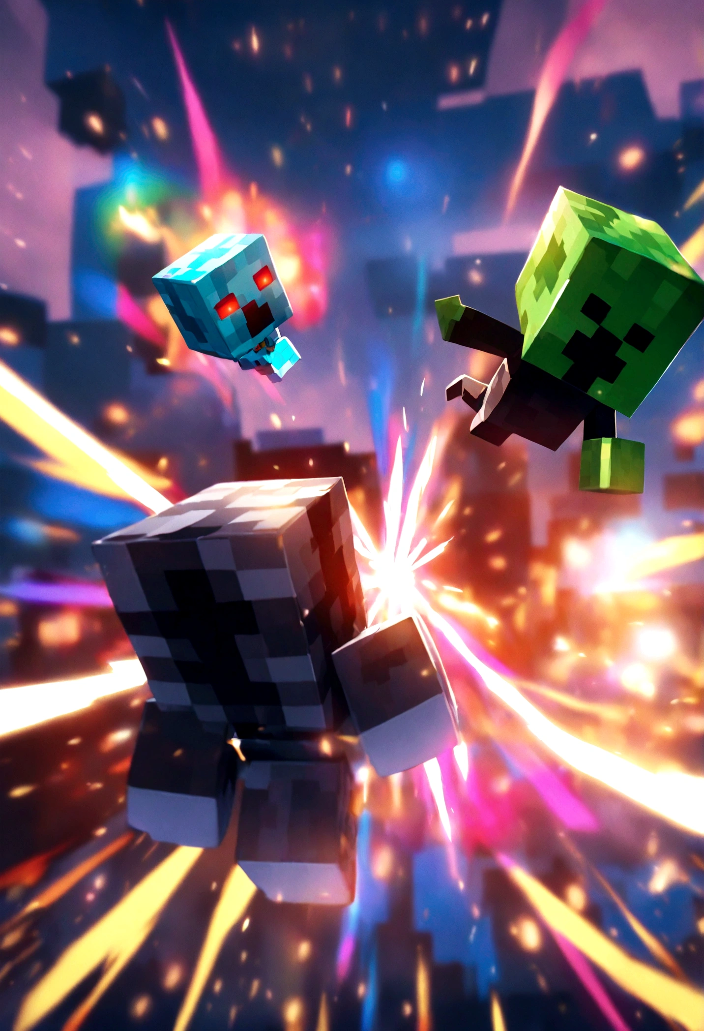 Two Minecraft characters jumping towards the camera