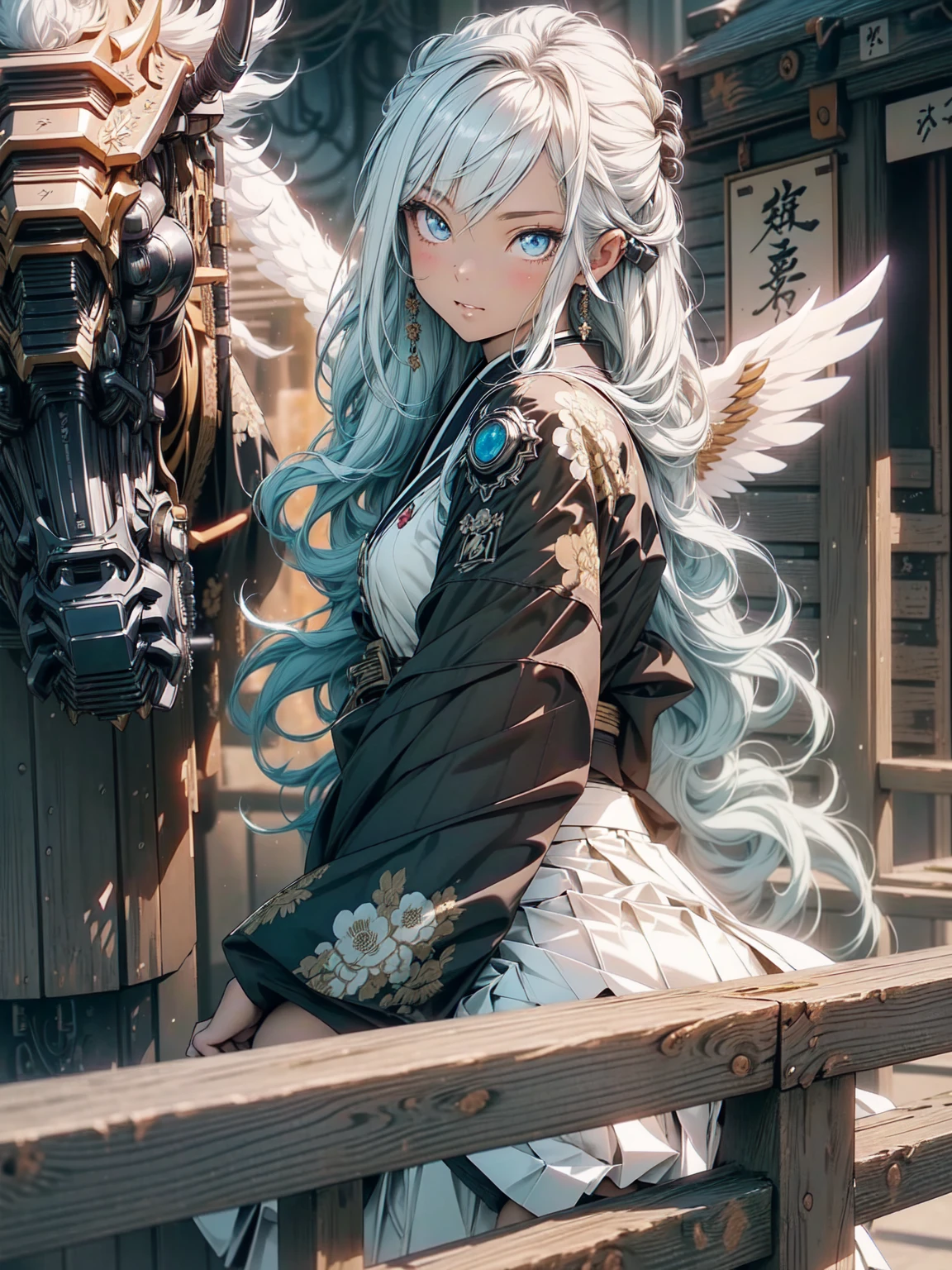 (Subtle manga style:1.1), Cool Beauty, (One Woman:1.0), (20-year-old:1.0), (Mid-chest:1.2), Outdoor, Day, sunny, Outdoor、Over European cities, (Cowboy Shot:1.0), (Written boundary depth:1.1), (From the side: 0.7), (From above:1.0), break、(Anime Face:1.0), (Clear blue eyes:1.0), (Cybernetic Genoid:1.1), (Very detailed mech suit:1.3), (Long golden hair:1.0), (black luxury samurai kimono)、(White Luxury Skirt:1.3), (Decorative embroidery:1.0), (Angel Wings:1.1), shut up.
