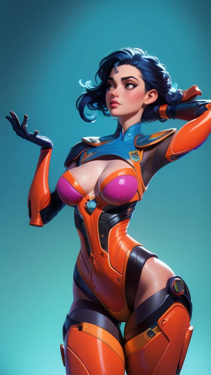 Magnificent artificial intelligence, Beautiful woman with robotic body, hiper-realista, cinematic angle, blue neon blurred background, circuitos aparentes,  vibrante, detalhado, zbrush, comic illustration, trends on Artstation. por Peter Mohrbacher, por wlop, por Ruan Jia, por Alphonse Mucha, por Dmitry Prozorov, por Norman Rockwell,