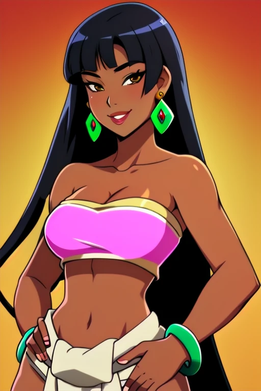 1girl,solo,loincloth,bandeau,chel \(the road to el dorado\), tan-skinned female, black hair, long hair, (Wearing: tube top, loincloth, emerald bracelet's and golden earrings:1.2), collarbone, bare shoulders, medium breasts, cleavage, midriff, wide hips, upper body, hands on hips, looking at viewer, she's looking at the camera with a flirtatious smile
