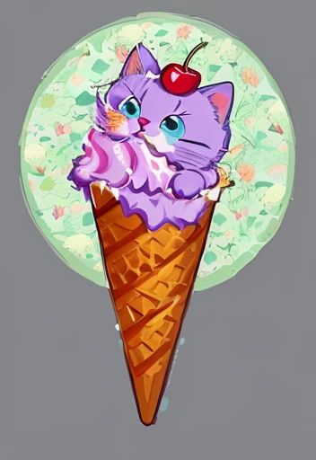 cartoon cat in a cone with a cherry on top, ice cream cone, ice cream, purple cat, kawaii cat, lowres, eating ice - cream, !!! very coherent!!! vector art, eating ice cream, cat design, in a lisa frank art style, cell shaded!!!, elokitty, full color digital illustration, made of cotton candy, !!!! cat!!!!