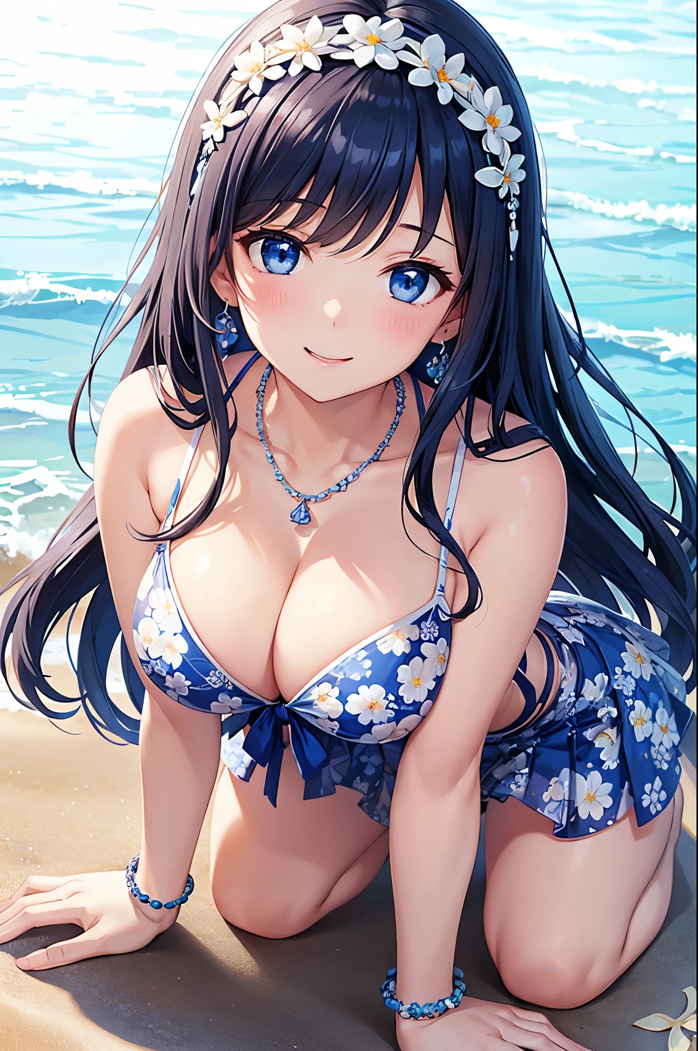 highest quality、highest quality、masterpiece、beautiful girl、Navy blue long hair、blue eyes、Sexy white bikini(Floral pattern printed)、Big cleavage、(Big Breasts),smile、blue necklace、Blue Earrings、background(Beach)、Please open your mouth wide、White headband、bracelet、On all fours