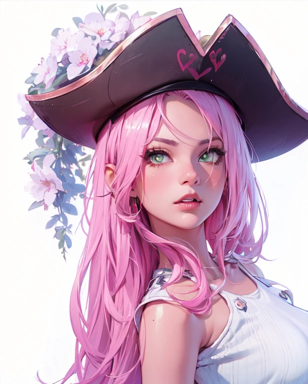 young woman, short shoulder-length pink hair, wide forehead, porcelain skin, pink eyebrows, big emerald green eyes, buttoned nose, full lips, heart-shaped face, slender body, small breasts, red tank top, Sakura Haruno , realistic, realism, details, 3d, well detailed
