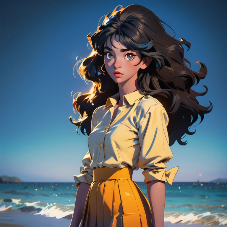 Ultra-realistic, 4k, professional photo, 22 year old girl, black girl, big curly hair, HDR, detailed face, medium body, yellow skirt with flower, (open unbuttoned blue shirt), Masterpiece, (lighting), (1solo), beach background, realistic background, realistic photo, topless