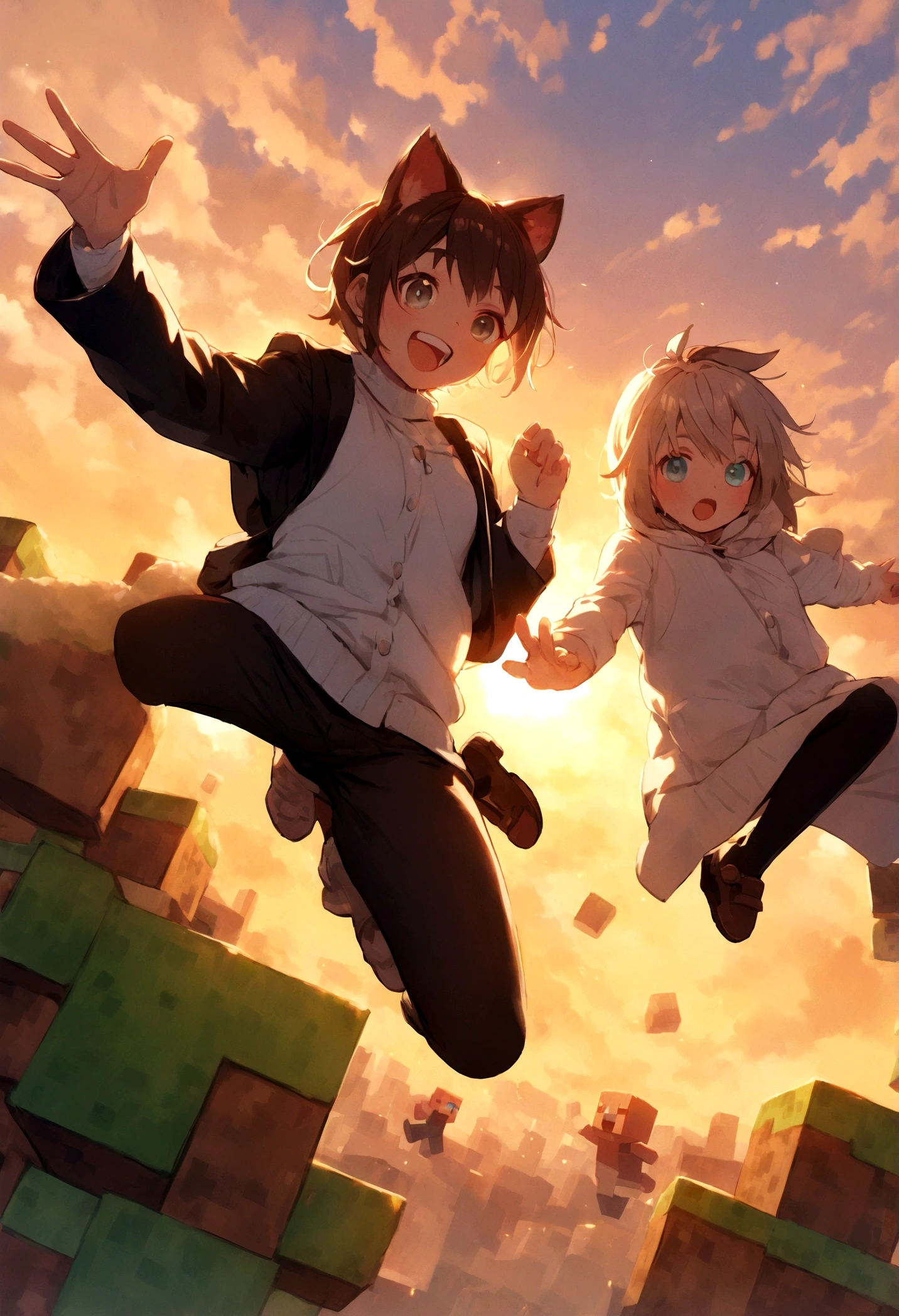 Two Minecraft characters jumping towards the camera