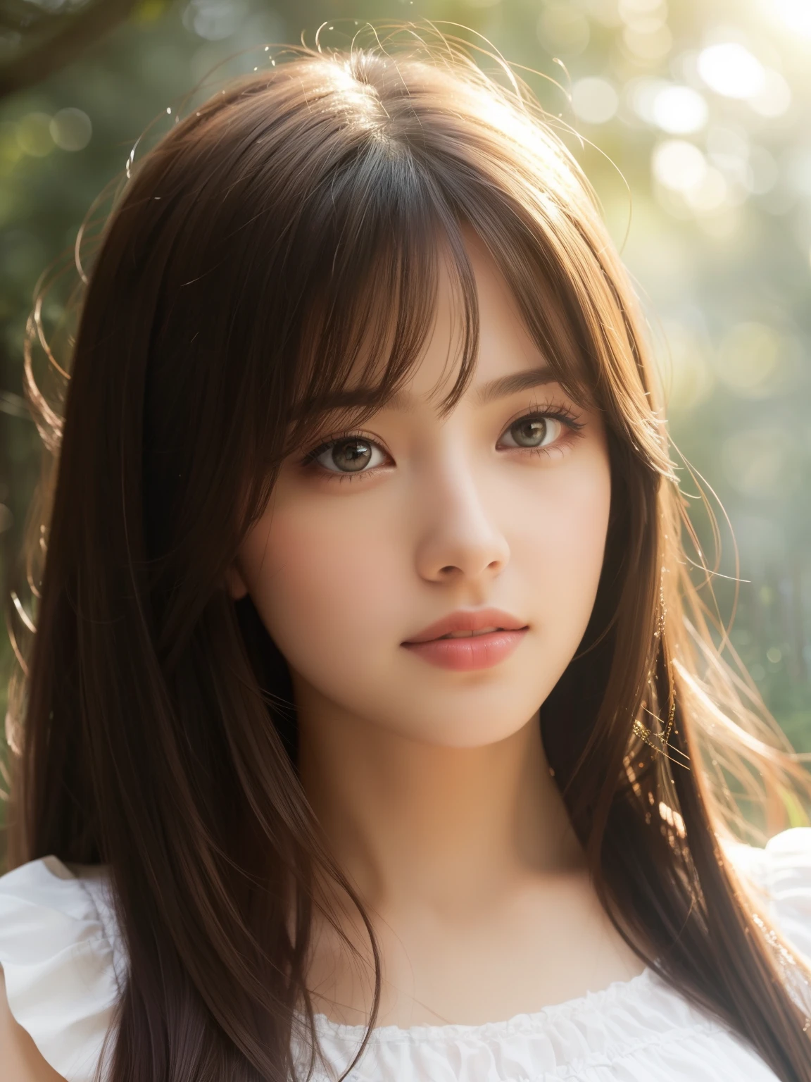 masterpiece, highest quality, High resolution, wallpaper, realistic, (bright lighting:1.4), professional lighting, face light, smooth lighting, (shoot from front:1.8), 1 girl, closeup-face, cute, sleepy, open mouth to say something, shy, Beautiful girl, sexy, super beautiful, beautiful skin, beautiful and detailed eyes、detailed face、slim、moderately, half updo, brunette colored hair, brown eyes, Professional Photography, Bokeh, Portrait, The morning sunlight shines through the misty forest path. white Summer Dresses,
