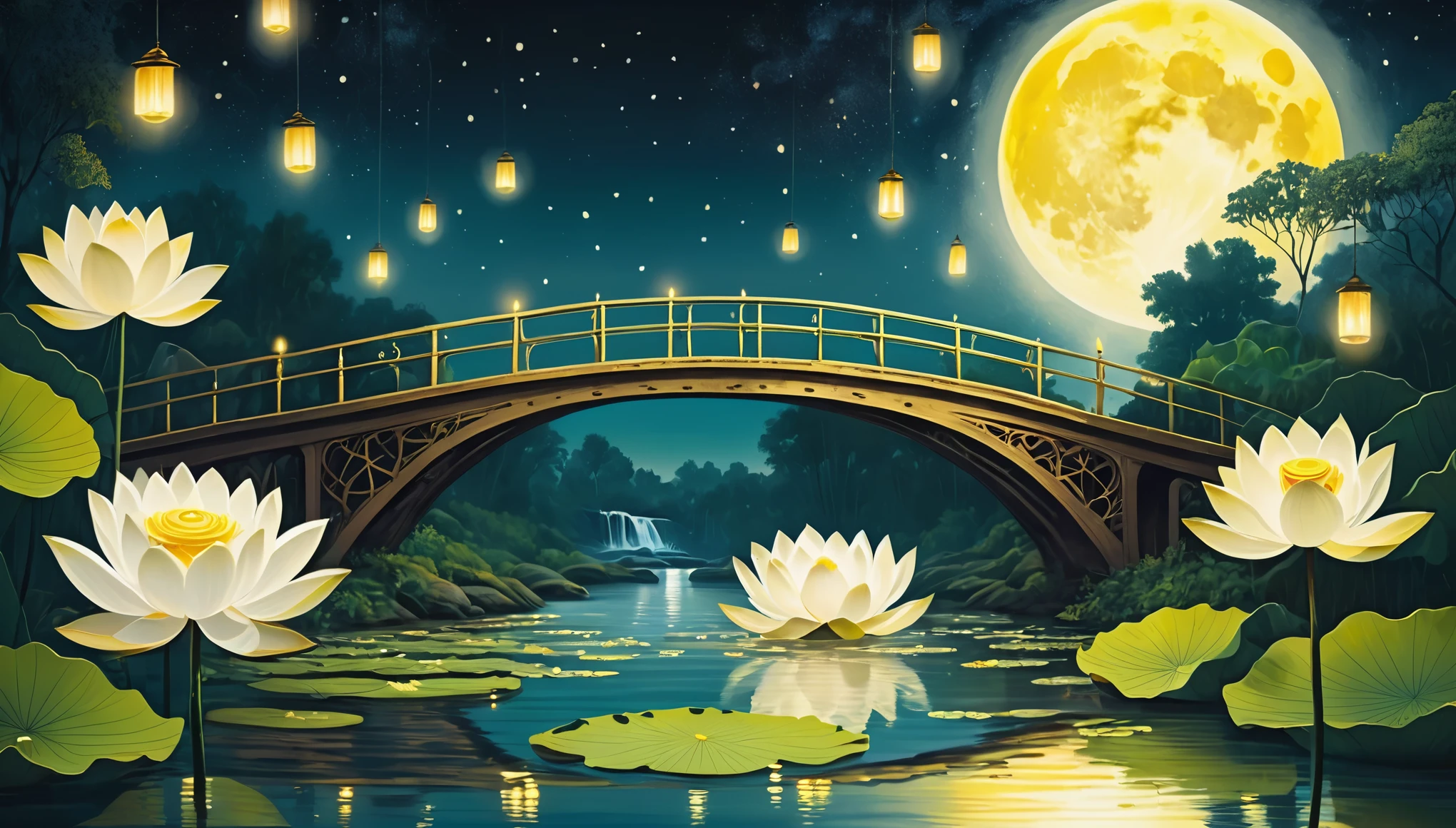 Full Moon Illustration and Waterfall, Riverboat, Lotus in river illustration, Candles floating in the river, White Lotus in the Lotus, Bright yellow fireflies, Illustration of a vintage bridge near the river, Fantasy art, Night Theme, Dreamy Art, Surreal illustration