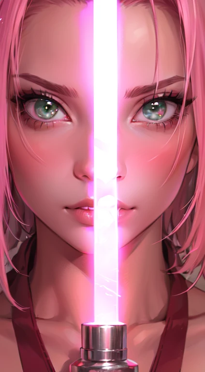 young woman, short shoulder-length pink hair, wide forehead, porcelain skin, pink eyebrows, big emerald green eyes, buttoned nose, full lips, heart-shaped face, slender body, small breasts, red tank top, Sakura Haruno , realistic, realism, details, 3d, well detailed
