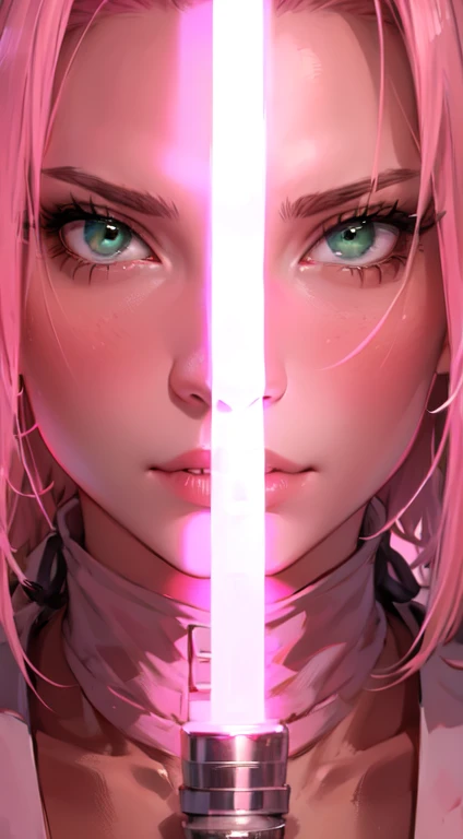 young woman, short shoulder-length pink hair, wide forehead, porcelain skin, pink eyebrows, big emerald green eyes, buttoned nose, full lips, heart-shaped face, slender body, small breasts, red tank top, Sakura Haruno , realistic, realism, details, 3d, well detailed
