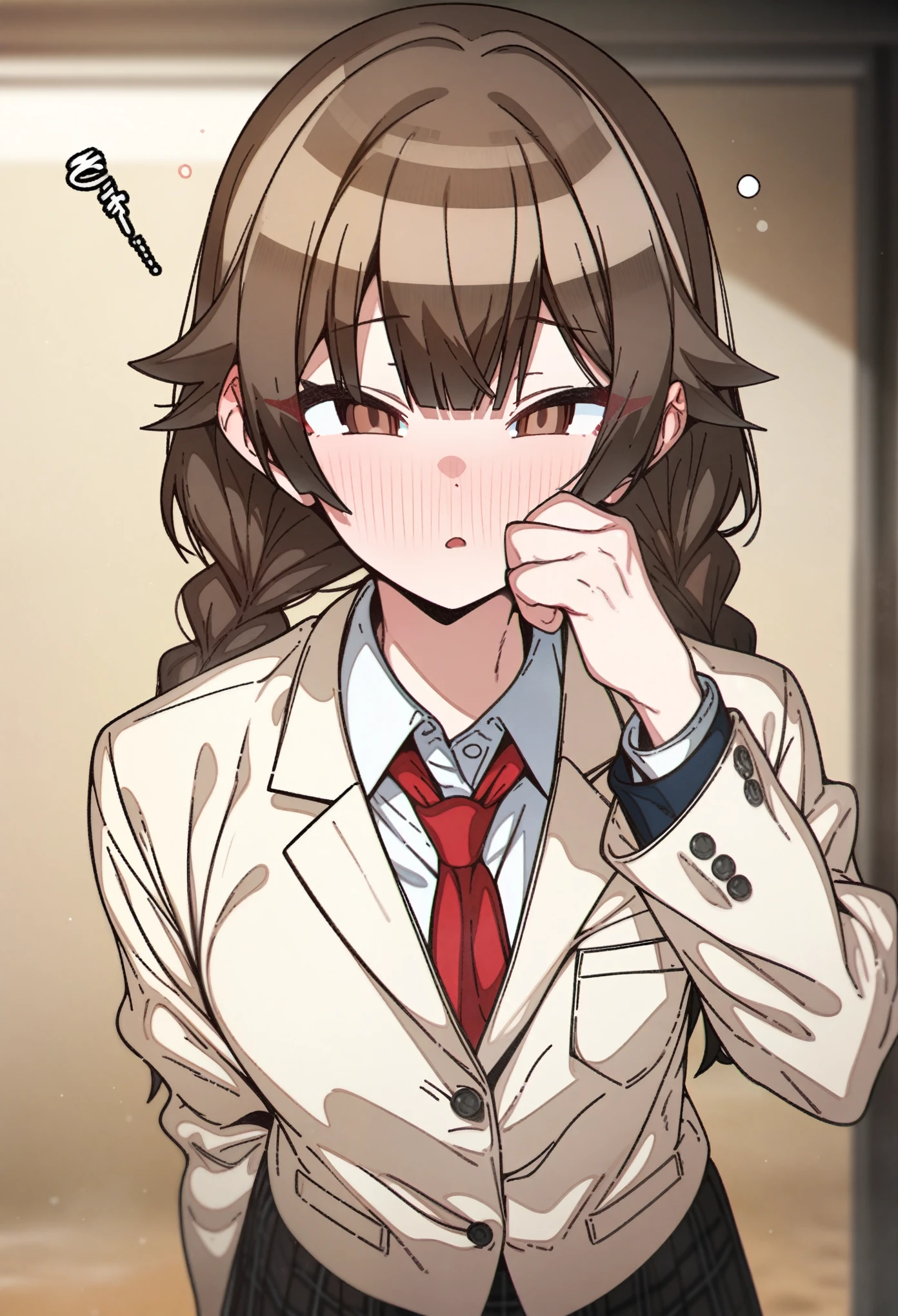 hoshino_(blue_archive) with brown hair and brown eyes, Artist, erere, Copyrights, idolmaster, idolmaster_shiny_colors, Character, General, 1girl, brown_hair, blunt_bangs, blush, medium_breasts, breasts, detailed eyelashes, beatiful girl:1, brown_eyes, censored, school_uniform, pleated skirt, blazer, hair_clip, twin_braids, rubbing_eyes, sleepy, red tie, (full_body) (standing in middle, beach), sky:0.7, half-closed_eyes, detailed, sand, outdoors, looking_at_viewer, masterpiece, best_quality, great_quality, girl, solo, center_composition, centered character, cute