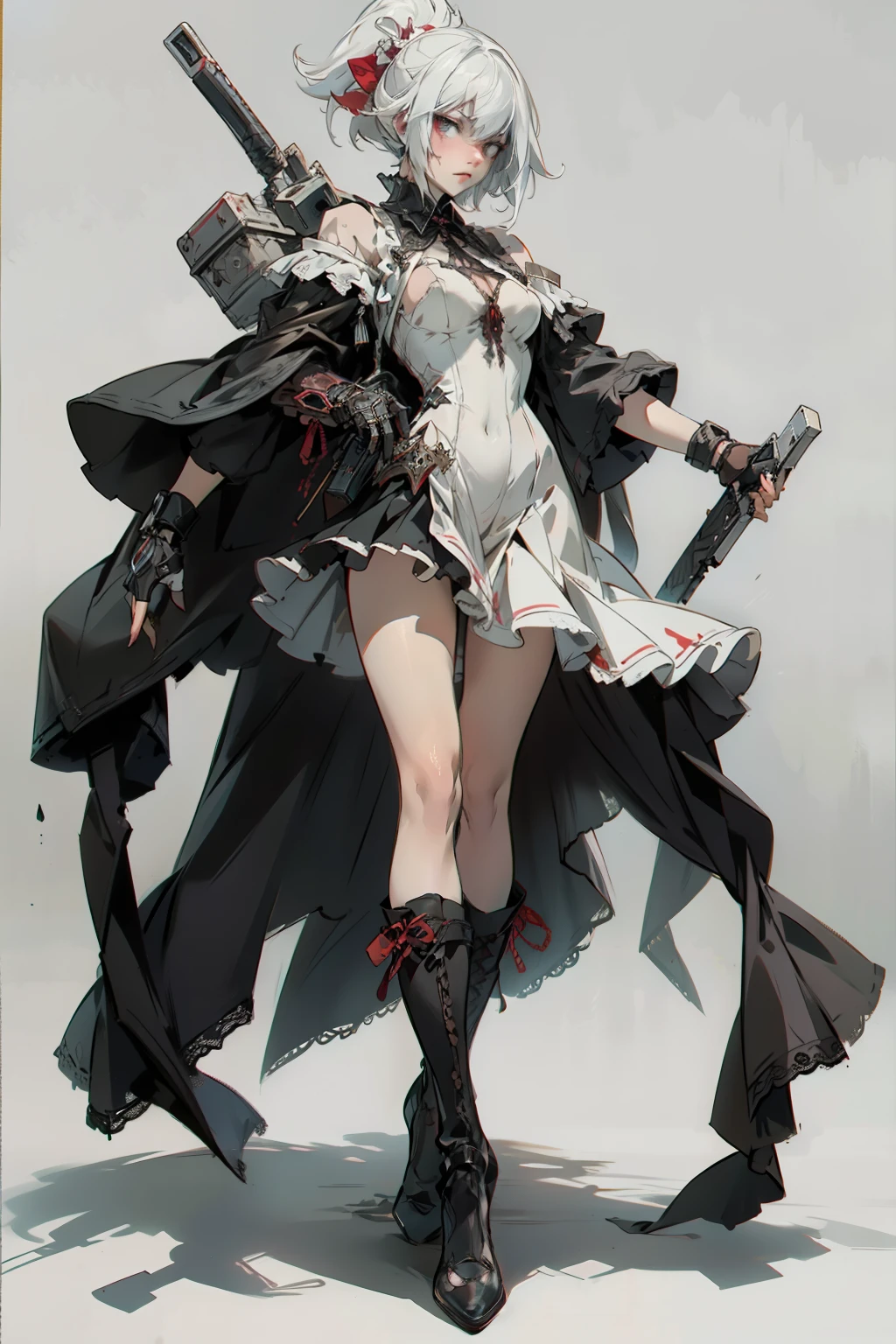((best quality)), ((masterpiece)), (detailed), a penitent female, blank white background, plain background, white background, red and white clothing, Bloodborne aesthetic,  occult aesthetic, occult, occult paraphernalia, detailed and intricate steampunk and detailed gothic, NSFW, Very dramatic and cinematic lighting, cosmic horror, grim-dark, side-lighting, perfect face, NSFW, Fluttering lace flared  dress with frilly petticoats, pleated petticoats, petticoats, complex lace boots, side-lighting, gothic aesthetic, wielding mighty mechanical melee weapons, mechanical components, carbine, NSFW, beautiful small breasts, small breasts, full body, whole body, body, plain background, white background, blank background, no background, white background NSFW, full body, whole body, head-to-toe dynamic poses NSFW