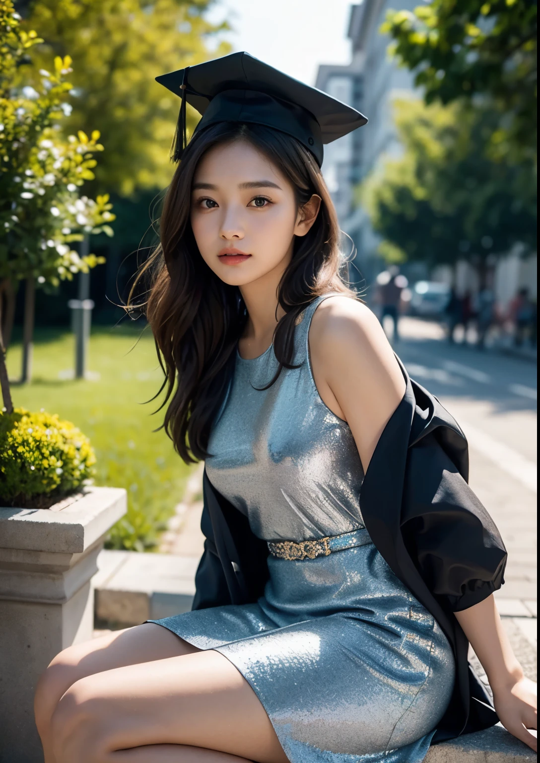 a beautiful 18 year old korean girl in a university costume with an above knee length dress, graduation taking costume, graduation cap, detailed face and eyes,flawless skin,long hair,elegant pose,beautiful detailed dress with intricate patterns,outdoor campus setting,golden hour lighting,vibrant colors,cinematic lighting,epic scale,highly detailed,photorealistic,masterpiece