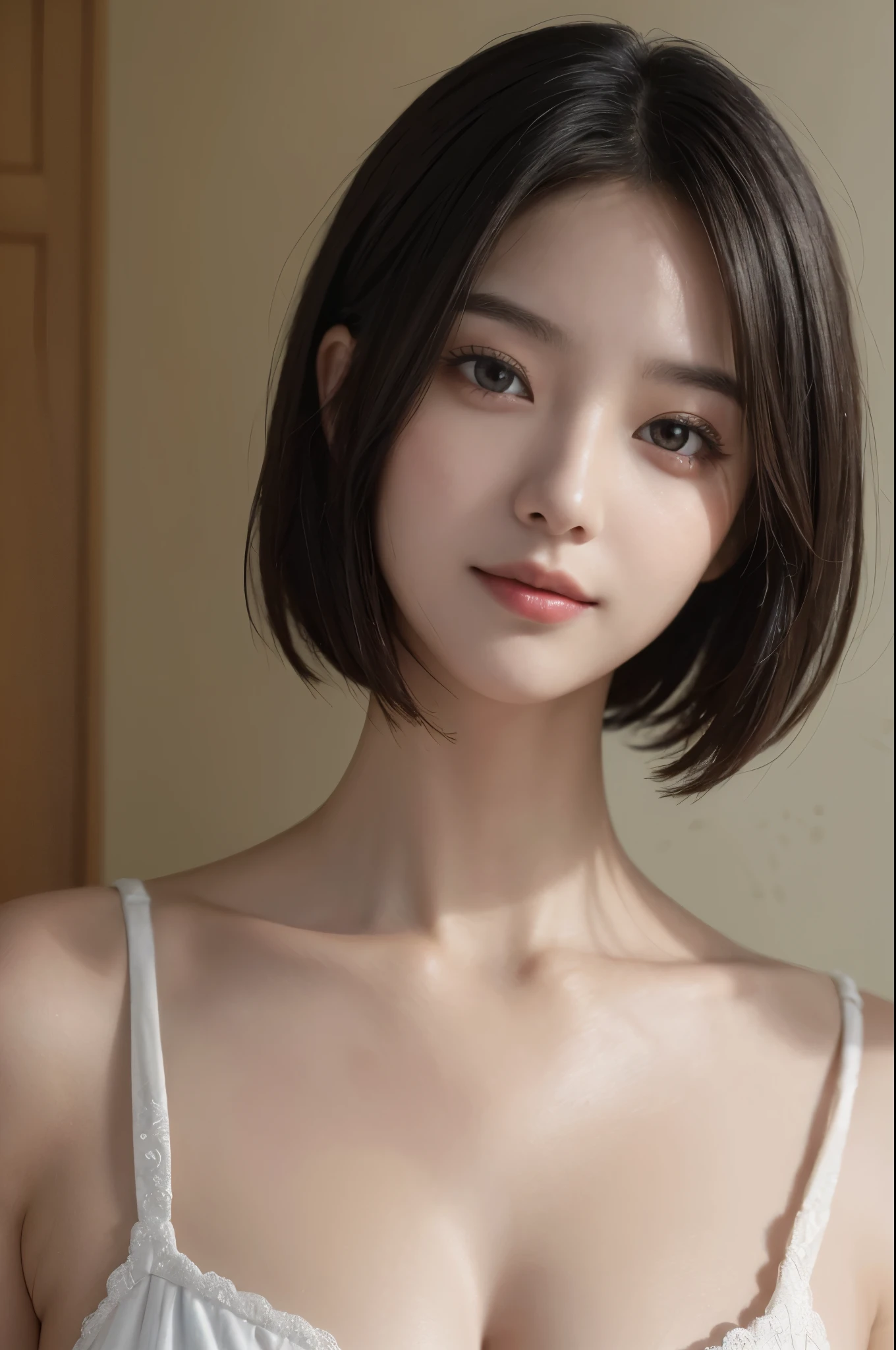 ​masterpiece、The highest image quality、hightquality、Beautuful Women、japanes、Popular Korean Makeup、detaileds、Swollen eyes、A detailed eye、Detailed skin、Beautiful skins、超A high resolution、(Reality:1.4)、very extremely beautiful、Slightly younger face、Beautiful skins、thin-waist、(A hyper-realistic)、(illustratio)、(hight resolution)、(8K)、(ighly detailed)(The best illustrations)、(beautifully detailed eyes)、(ultra-detailliert)、(wall-paper)、(Detailed face)、looking at the viewers、fine detailed、 A detailed face、pureerosfaceace_v1、a smile、Looking straight ahead、photos realistic、Bright lighting、profetional lighting、Colorful hair color、(((very_short_hair)))、brightly lit room、painterly、picture frame
