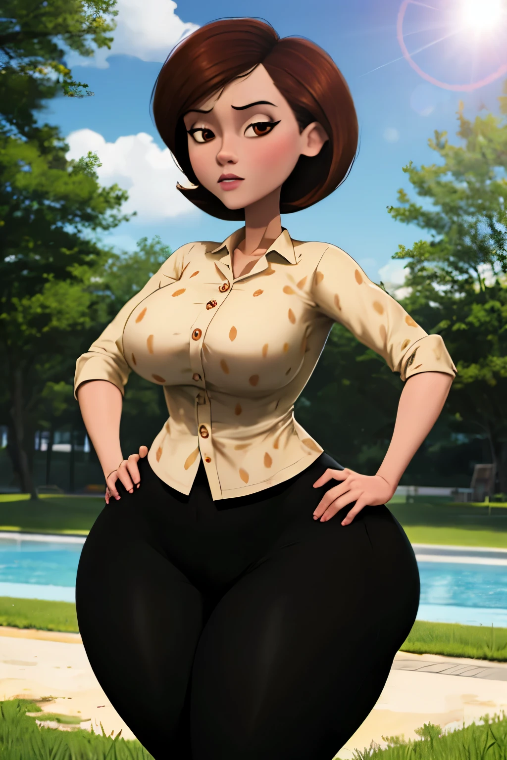 masterpiece, best quality, outdoors, lens flare, depth of field, 1girl, solo, looking at viewer, breasts, helenparr, polka dot, collared shirt, dress shirt, buttons, black pants, hands on hips, big ass, thick thighs, wide hips,