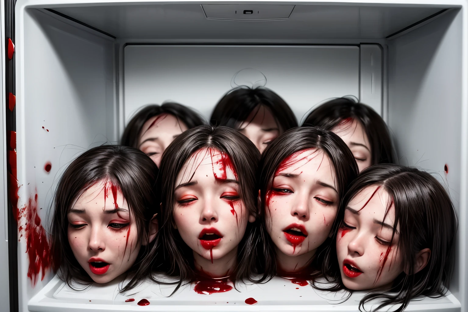 Several decapitated heads of beautiful women, in the fridge, ?????????????, ((eyes closed)), bleeding, photorealistic, 4K, Nikon, horror