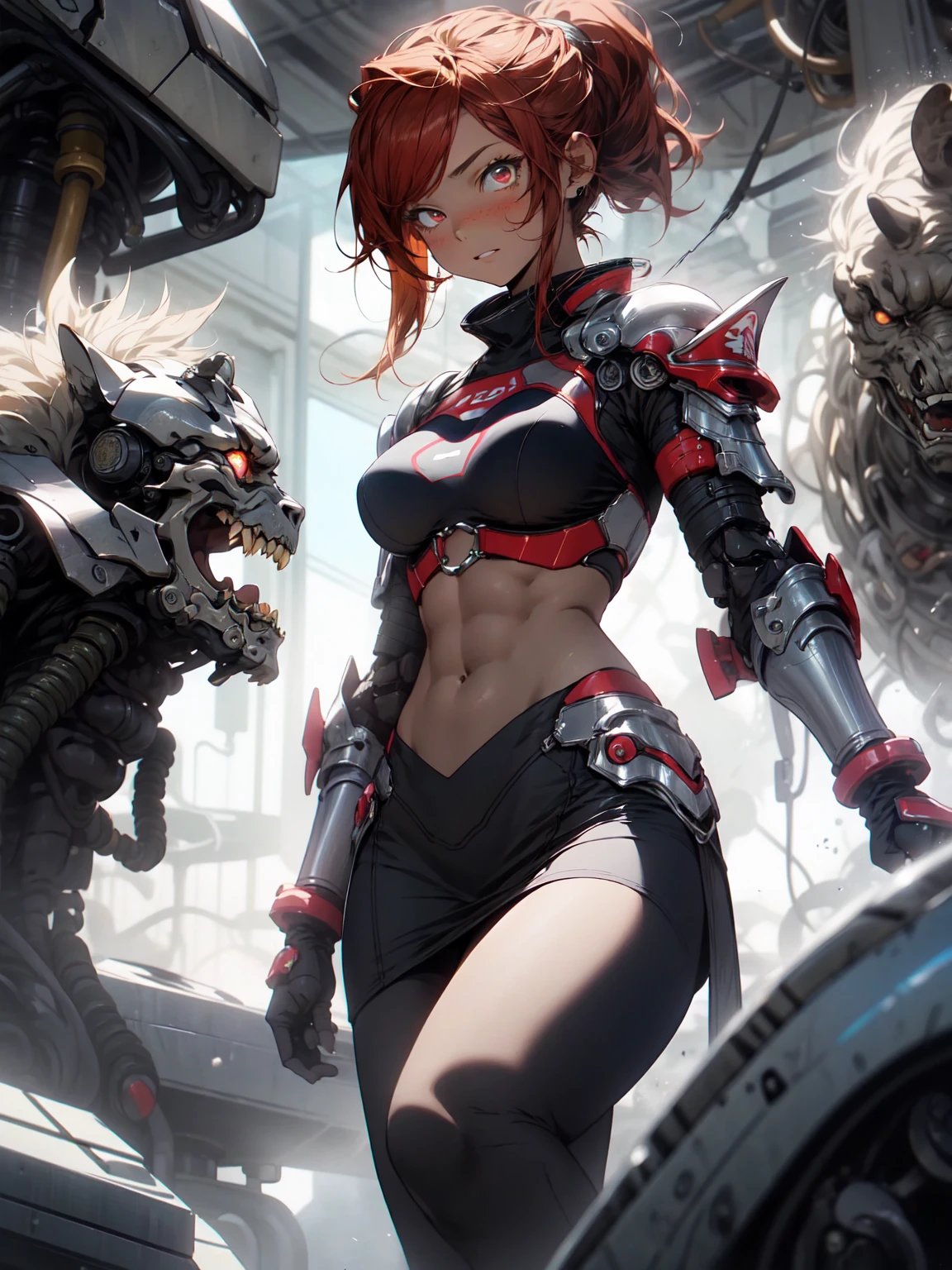 Be realistic,(masterpiece,highest quality,highest quality,Very detailed,Fractal Art,Most detailed,(Abstract background:1.5)(2 girls),Kamimei,(Red hair ponytail),(Red eyes glowing、Big Breasts,Toned Abs、Stunned),Swimsuit、69,Sit on face,Handjob,From Sid、Panty shot、Spread your legs、crystallization,Sexy、Mechanical Armor、Sunburned skin、(Black pencil skirt)