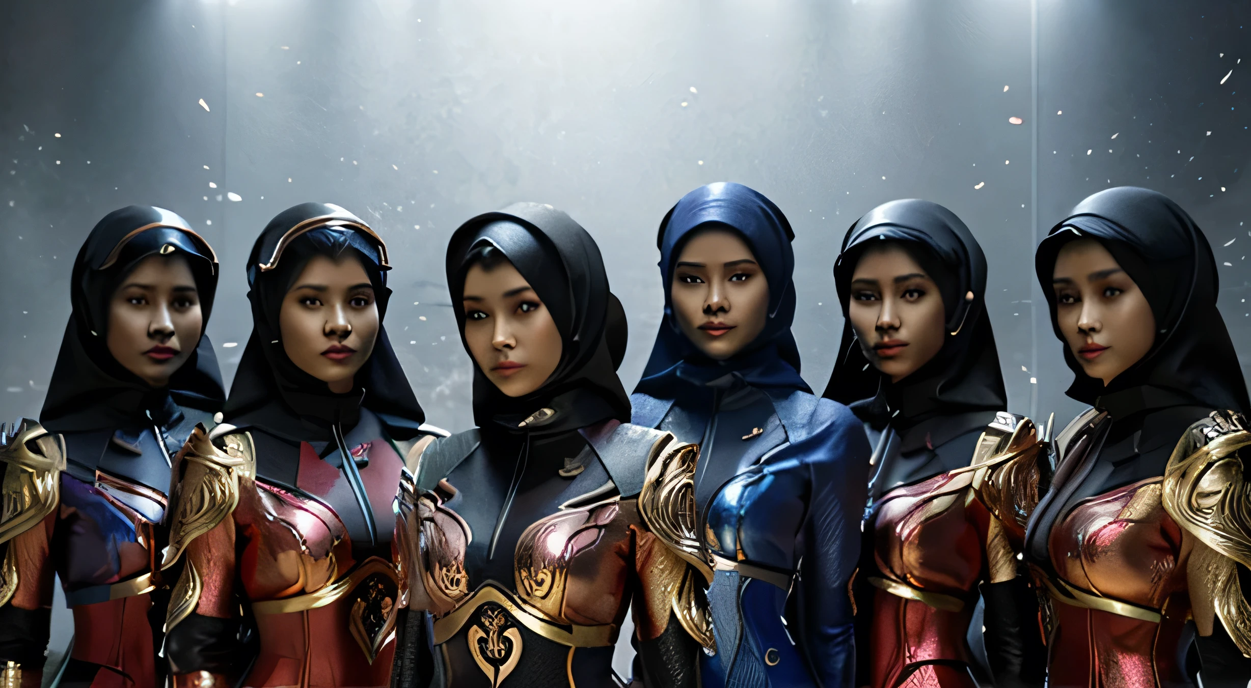 The striking logo symbol shows 6 figures of Indonesian women wearing hijabs wearing armored clothes facing forward with their arms crossed, their faces facing the camera radiating intensity. The figure stands against a metallic textured background, with splashes of blue, red or liquid paint adding a dynamic touch. The name 'VISUAL EDITING LEGACY' is displayed clearly at the bottom, followed by the statement '(VEL)'. The design exudes a strong sense of mystery and professionalism, capturing the essence of a skilled digital artist.